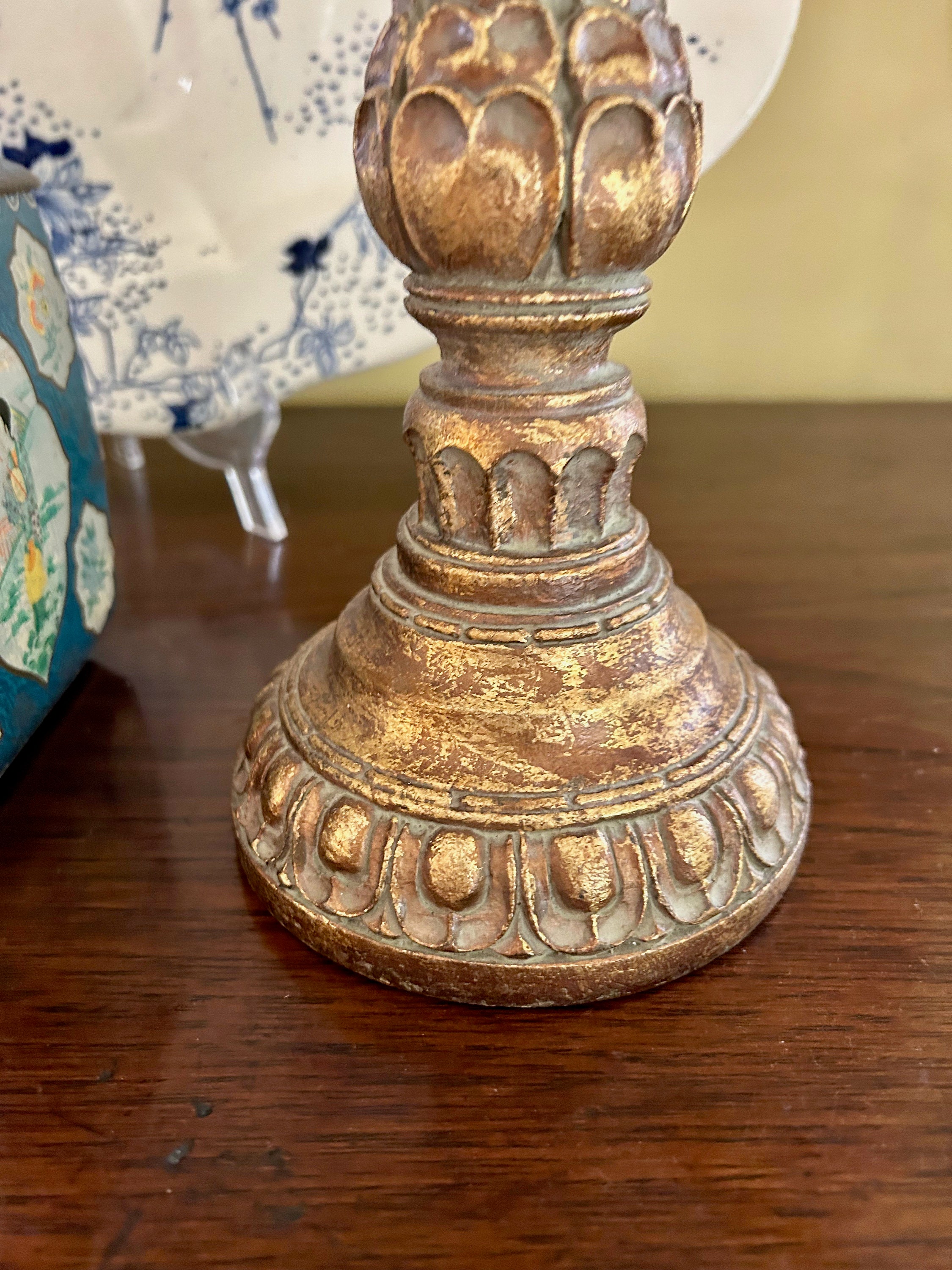 Tall Gold Candlesticks, Vintage Neo Classical Style Gold Leafed