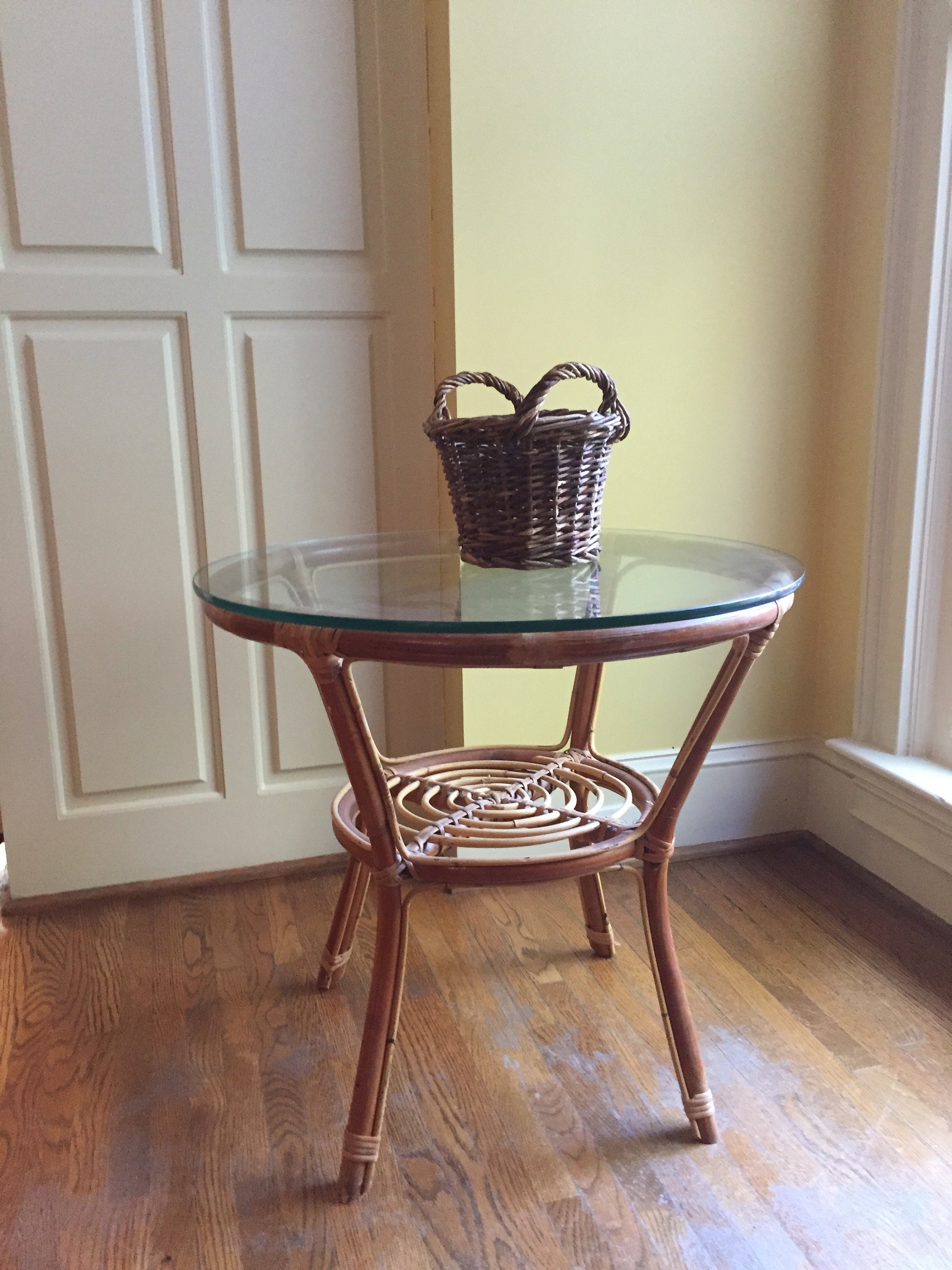 Bamboo and Glass End Table, Round Glass Topped Bamboo Table, Vintage