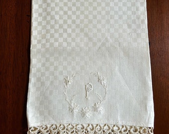 Damask Tea Towel, Cream Linen Guest Hand Towel Tatting, Monogram P, Checkerboard Pattern, Linen Shower Gift