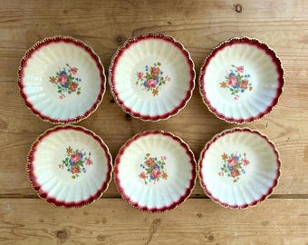 Sebring Pottery Bowls, English Rose Mandarin Maroon Fruit Bowls Set of 6, Scalloped Bowls Gold Rim Floral Rose Center, Sold as Set