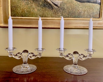 Pair Clear Etched Candlesticks, Mid Century Double Light Candlestick Holders Gray Floral Etched, Collectible Glass, Wedding Bridal