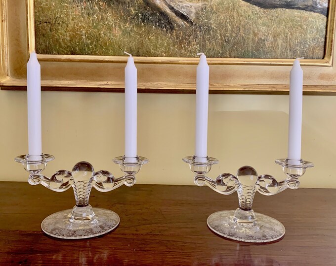 Featured listing image: Pair Clear Etched Candlesticks, Mid Century Double Light Candlestick Holders Gray Floral Etched, Collectible Glass, Wedding Bridal