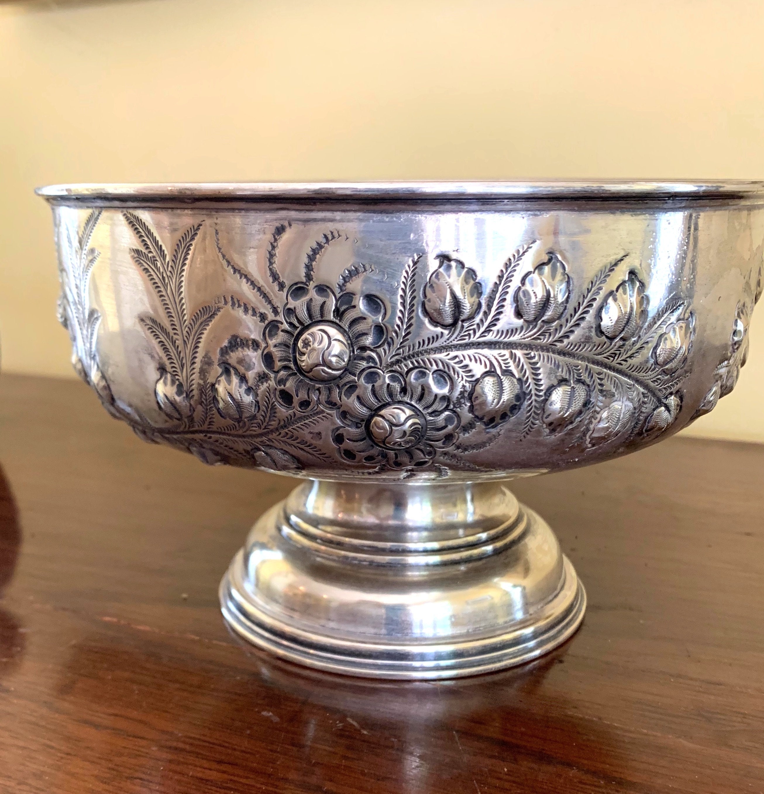 Footed Nickel Silver Bowl with Floral Relief Pattern, Vintage Footed Decorative Fruit Bowl