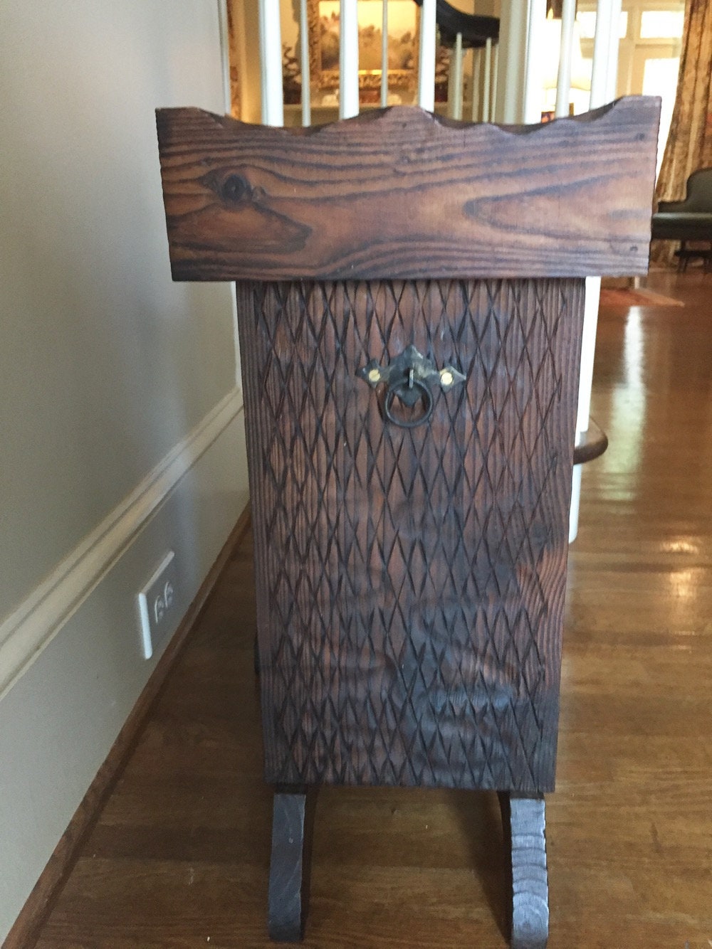 Vintage Pine Handmade Tables, Pair Pyrography Tramp Art