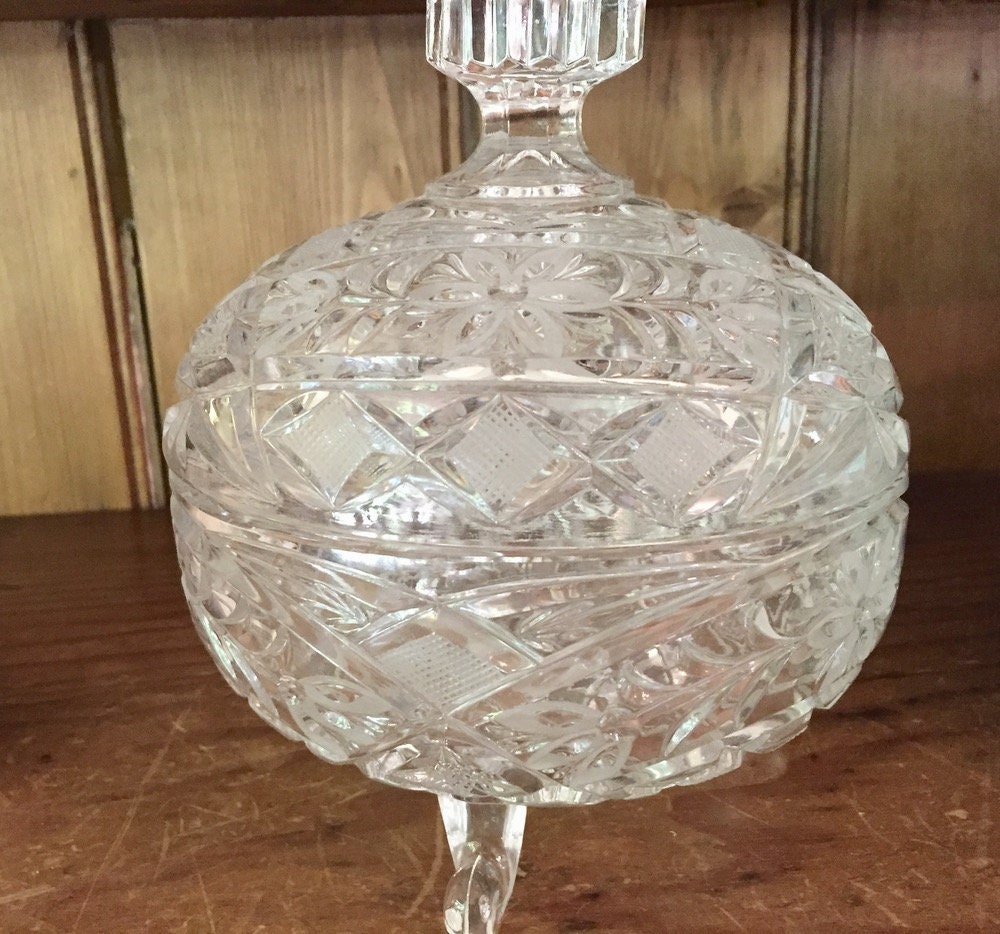 Crystal Footed Candy Dish, Lead Crystal Lidded Decorative Bowl, Crystal