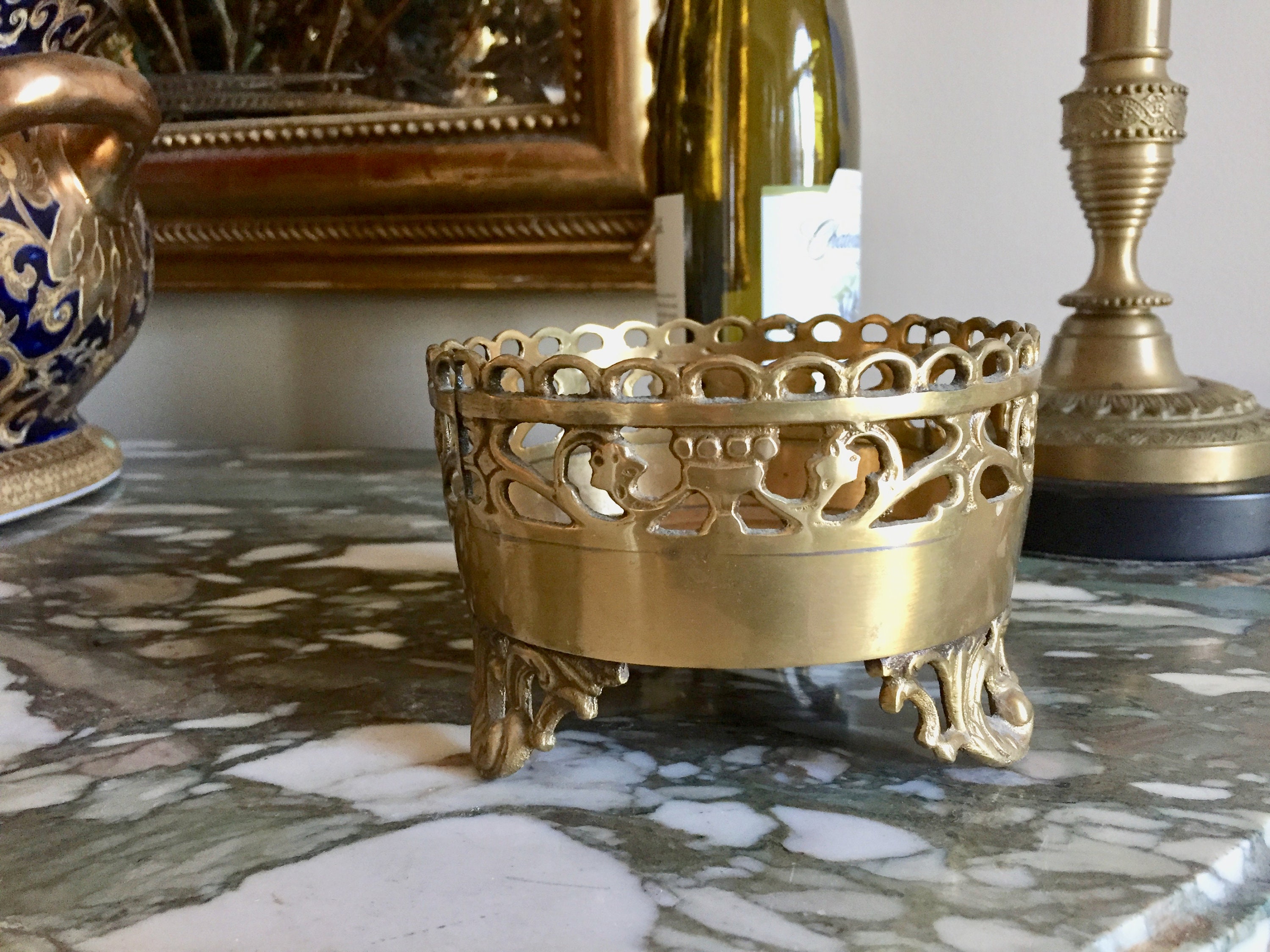 Brass Wine Coaster, Footed Decorative Brass Large Champagne Coaster