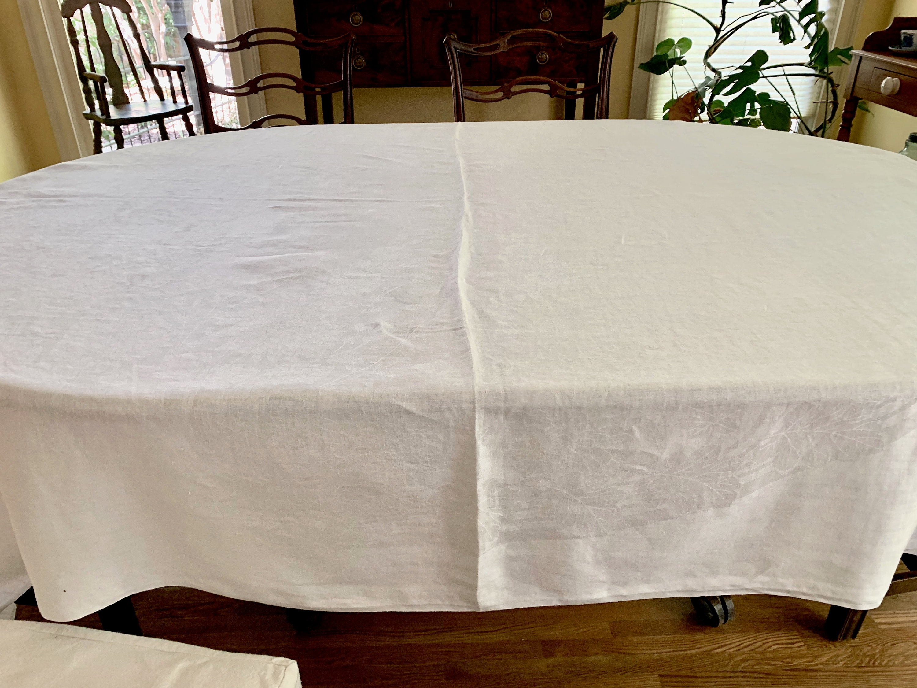 Floral Damask Tablecloth, White on White Design, Linen Damask