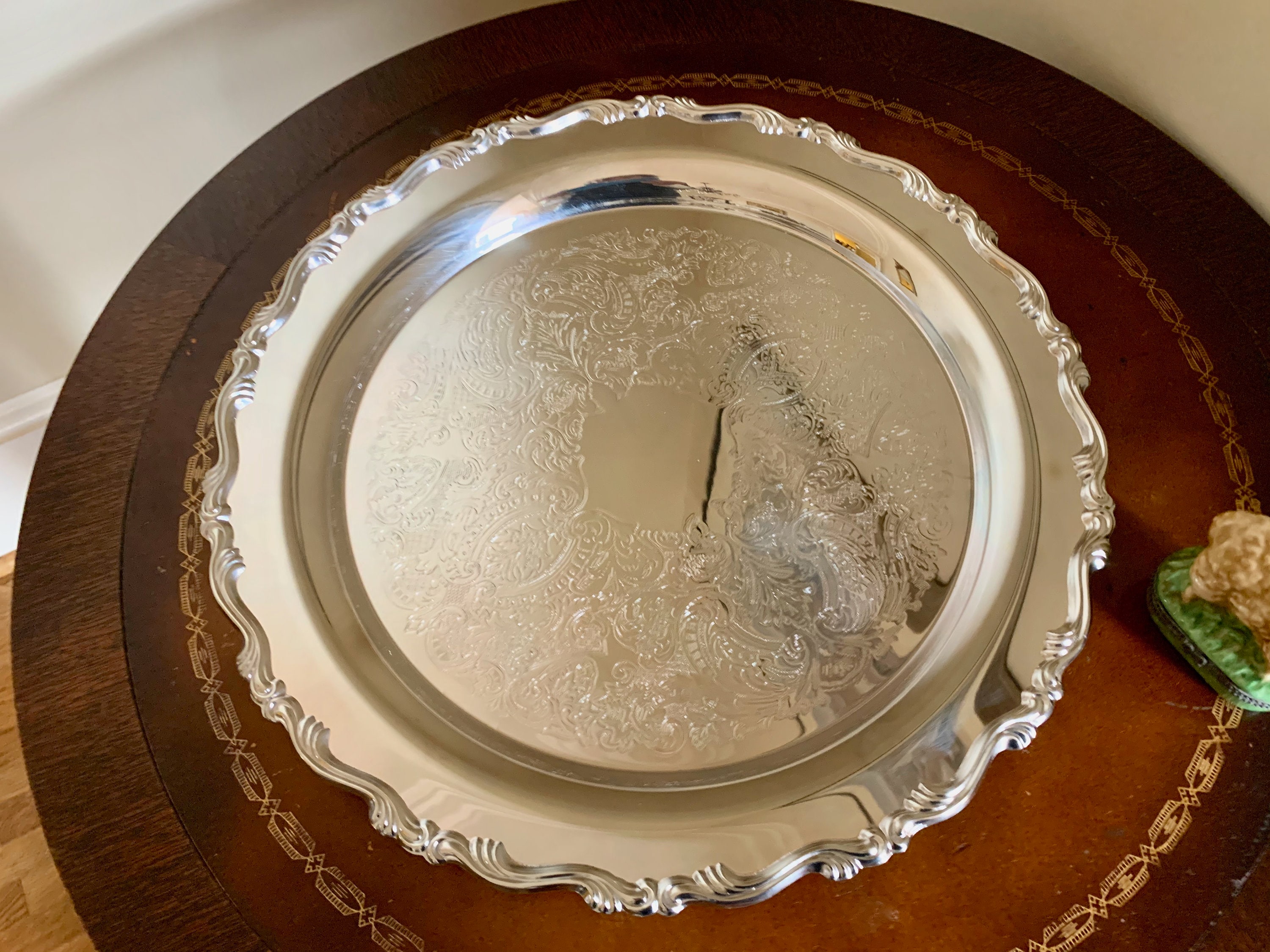 Round Silver Tray, Vintage 15 inch Silver Plate Tray, Barware Tray