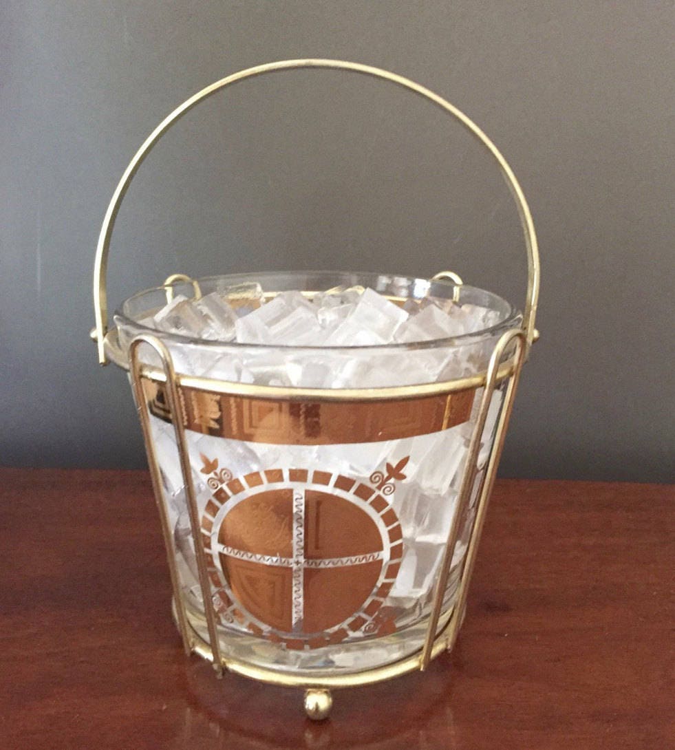 Mid Century Ice Bucket with Tongs, Gold Rim and Design, Hollywood