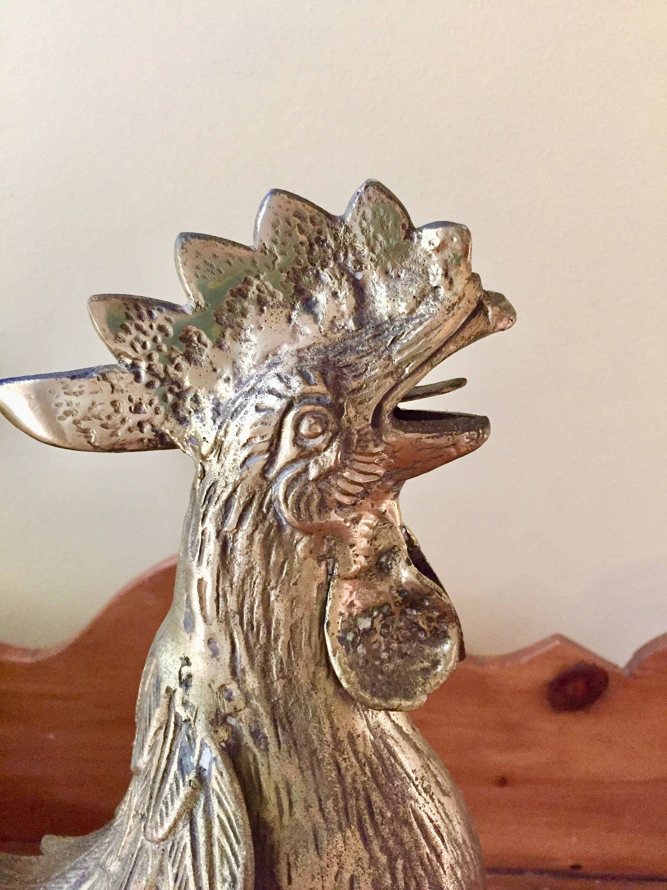 Large Brass Rooster, Vintage Rooster Figurine, 13 Inch Kitchen Decor