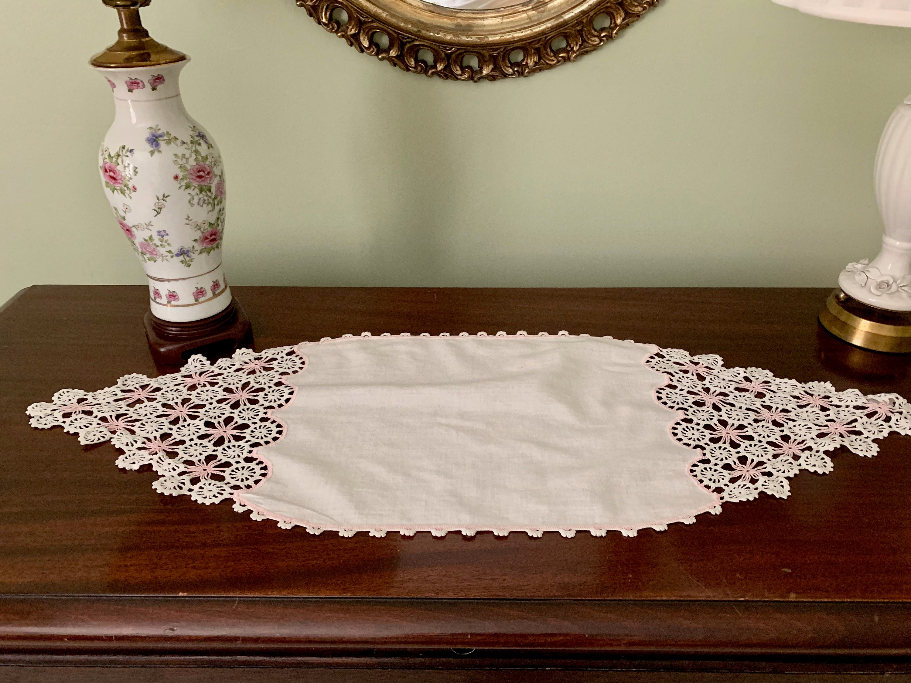 White Linen Doily, Pink White Crochet Trim, Vintage Handmade Dresser