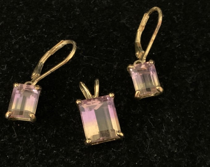 Featured listing image: Vintage Ametrine Earrings and Pendant, Gold Wash over Sterling Silver, Ametrine Crystal Pendant, Purple Amber Yellow Color Gemstone,