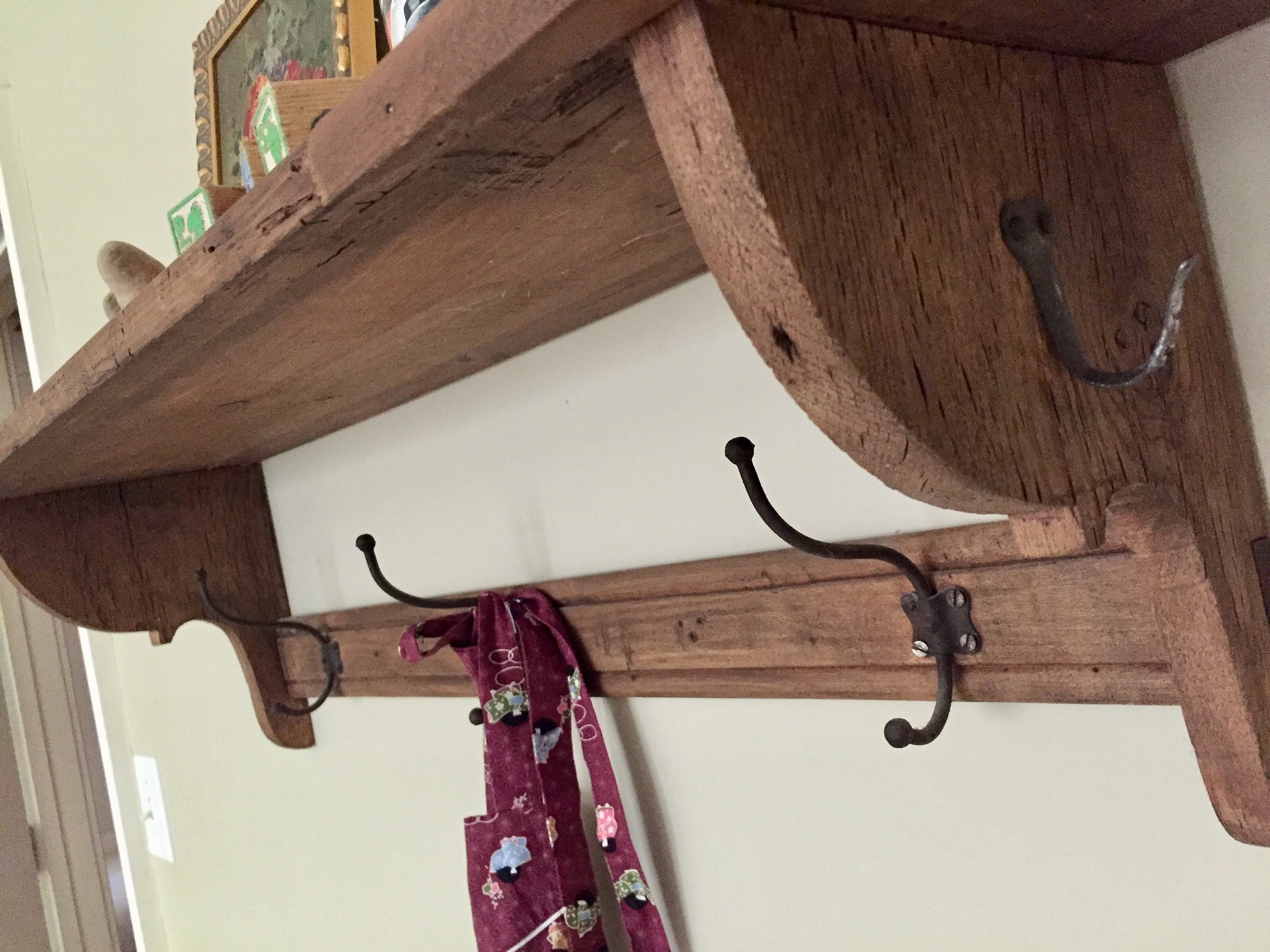 Rustic Pine Wall Shelf 5 Hooks, Vintage Wooden Coat Rack, Towel Rack