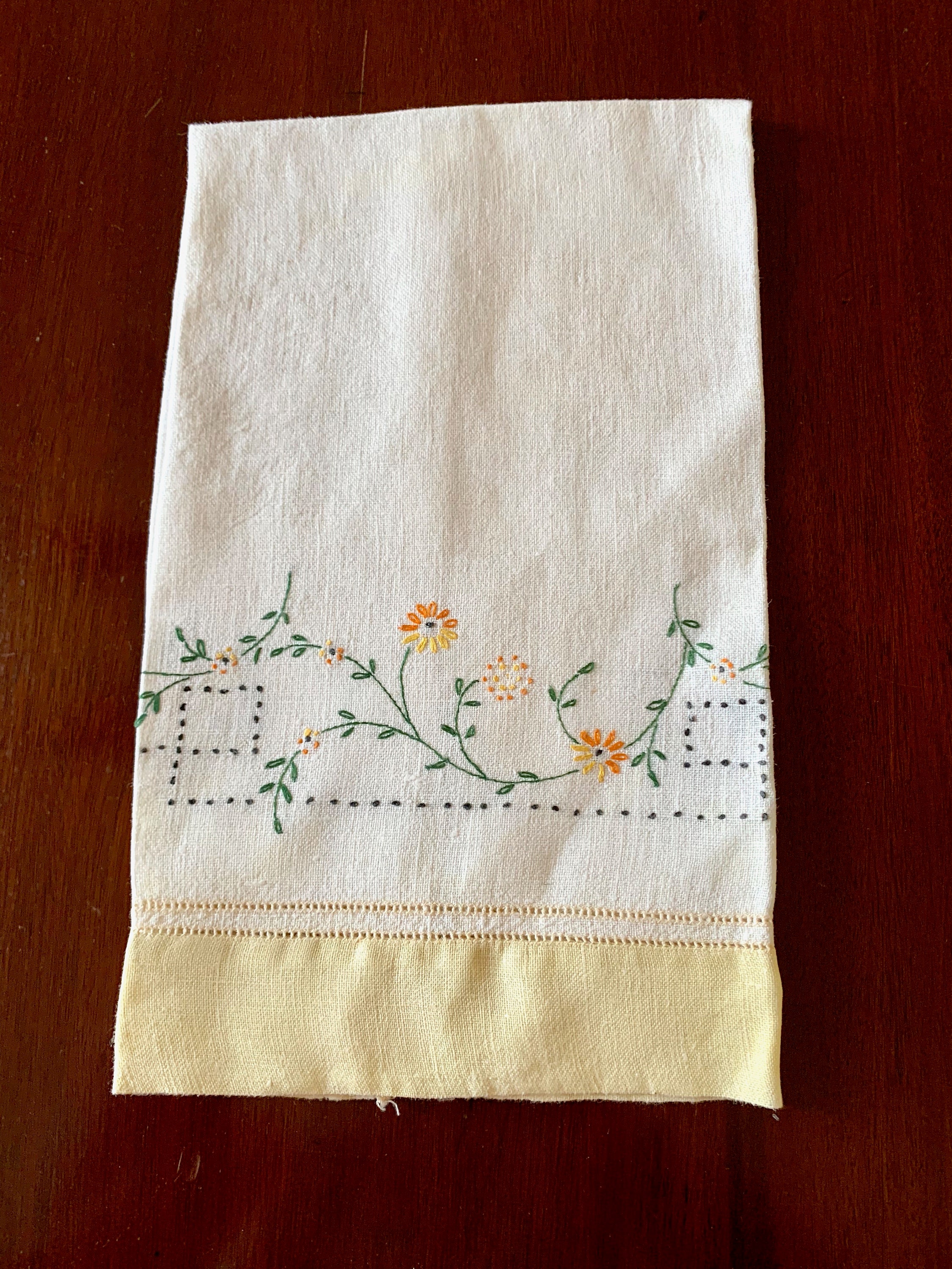 Yellow White Tea Towel, Floral Embroidered Hemstitched Linen Tea Towel