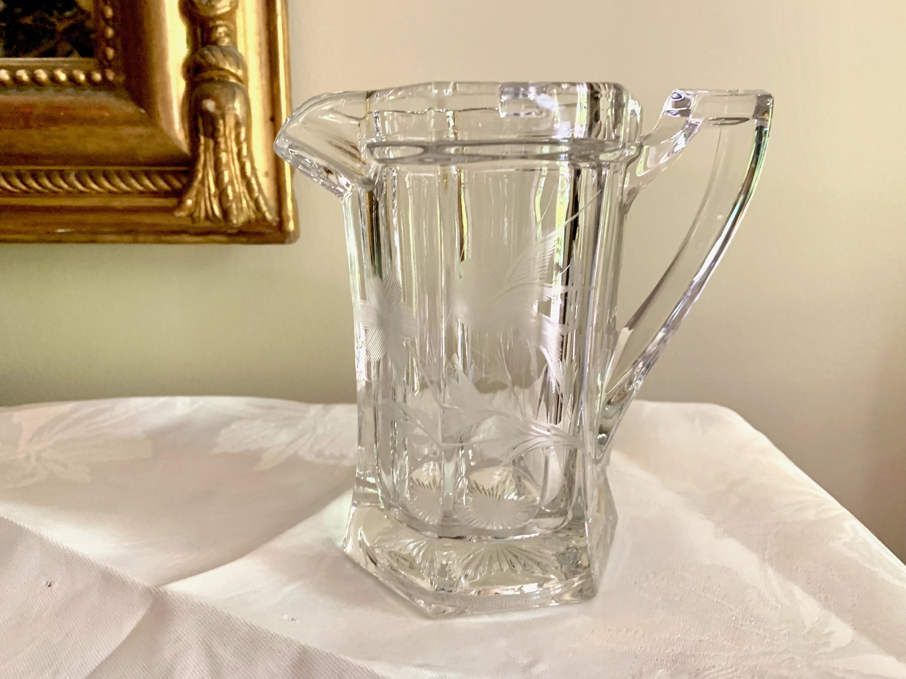 Antique Glass Pitcher With Etched Bird Glass Syrup Pitcher Etsy