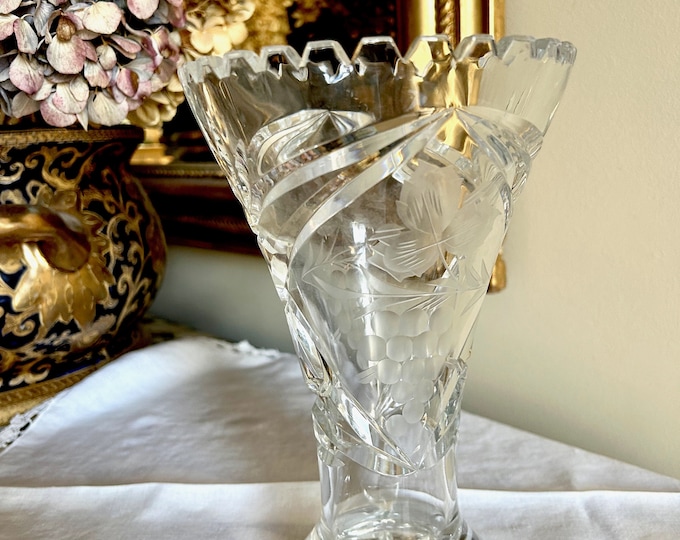 Featured listing image: Vintage Trumpet Crystal Vase, Grape Leaf Design, Cut Glass Bouquet Vase