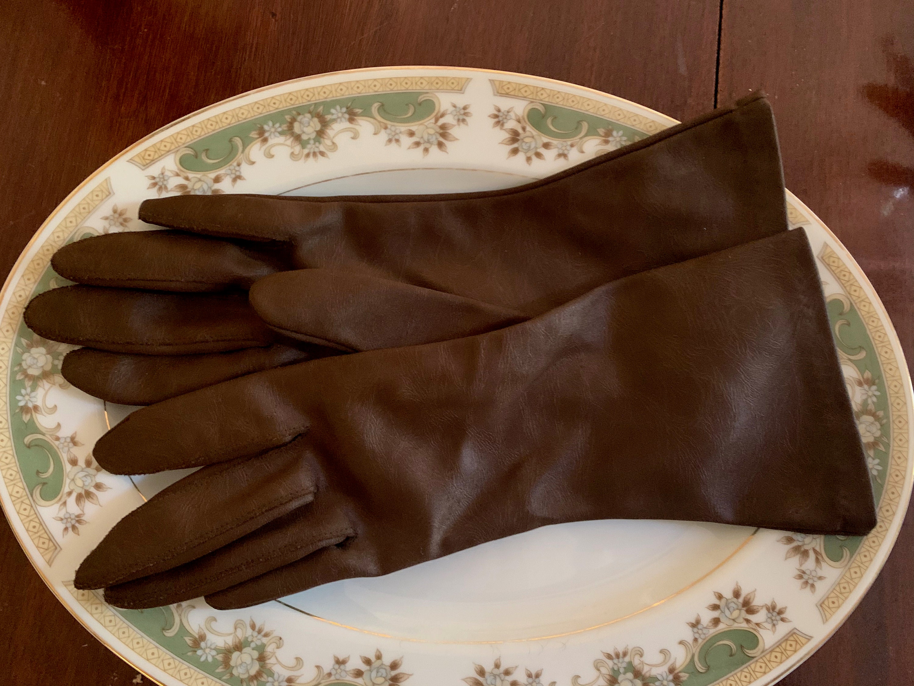 Vintage Brown Gloves, Women's Dress Gloves Size 7, Woven Nylon Made in