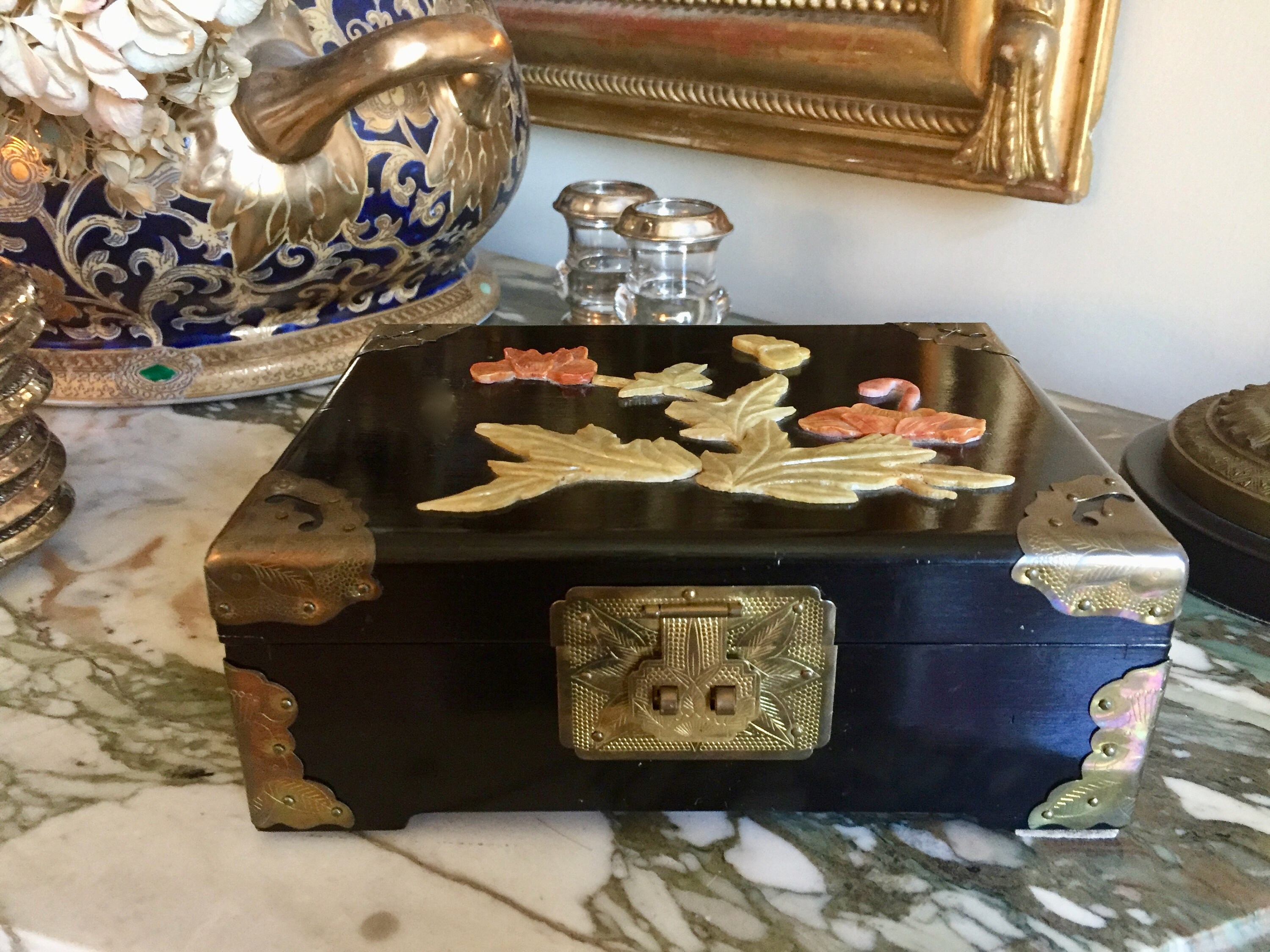 Asian Jewelry Box, Black Lacquered Box Jade Floral Design, Brass Clasp