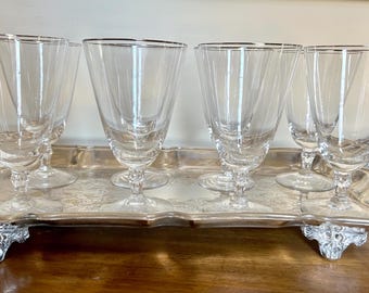 Fostoria Engagement Ice Tea Goblets, Set of 8 Platinum Rimmed Crystal Midcentury Stemware