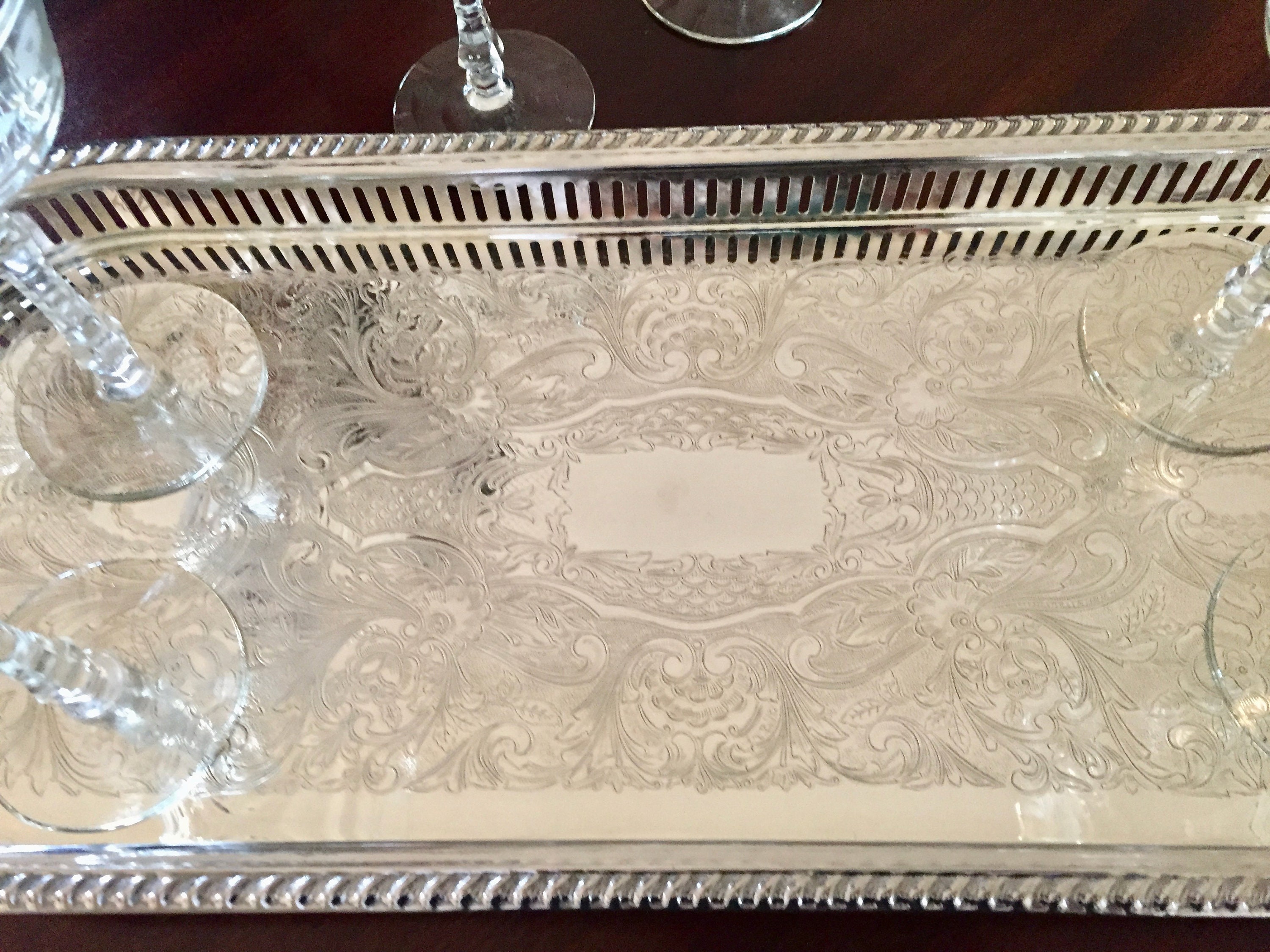 Large Silver Gallery Tray, Oblong Shaped Footed Serving Tray, Vintage