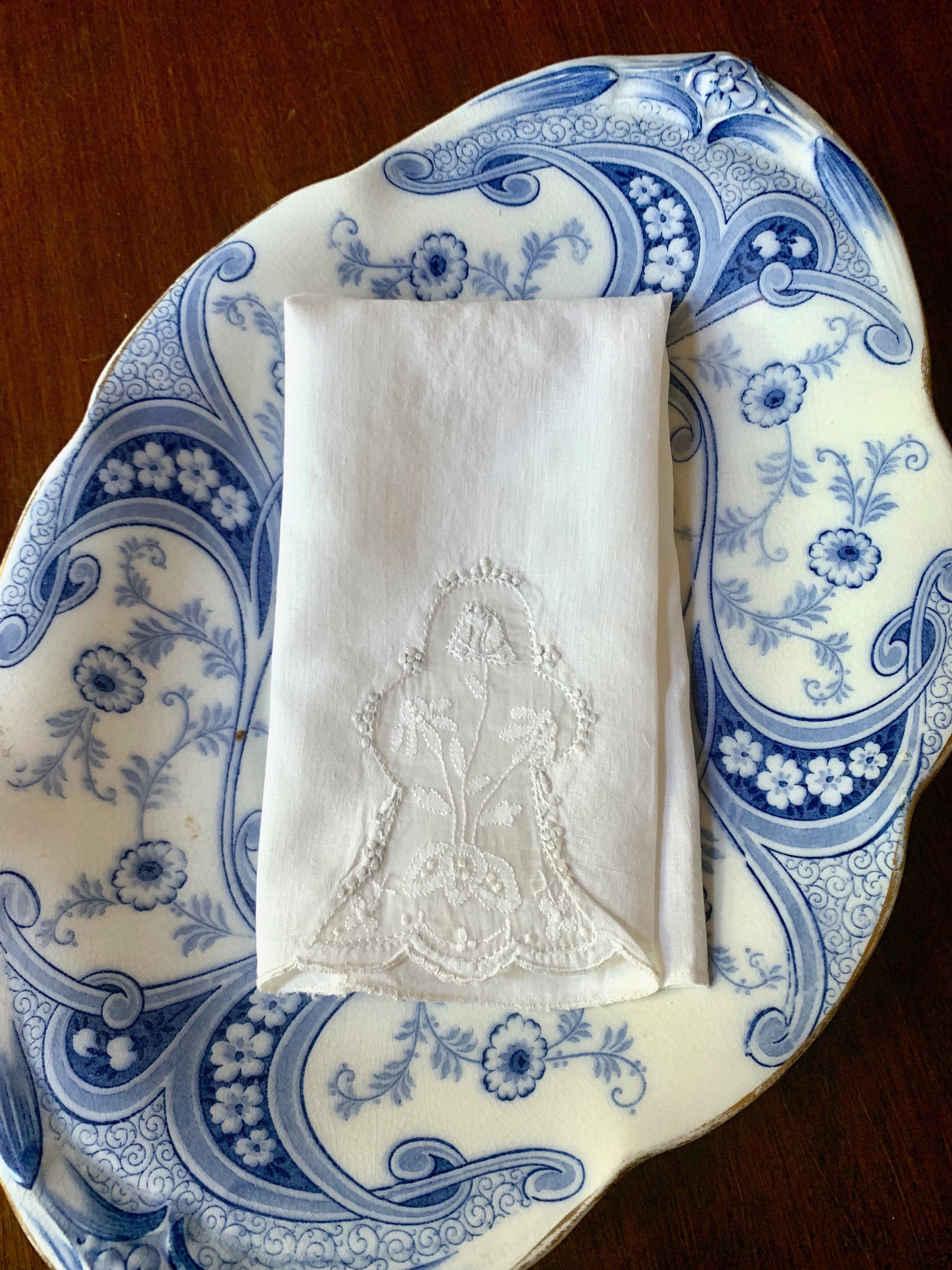 Linen Tea Towel with Sheer Inset, Floral Applique with Petit Point