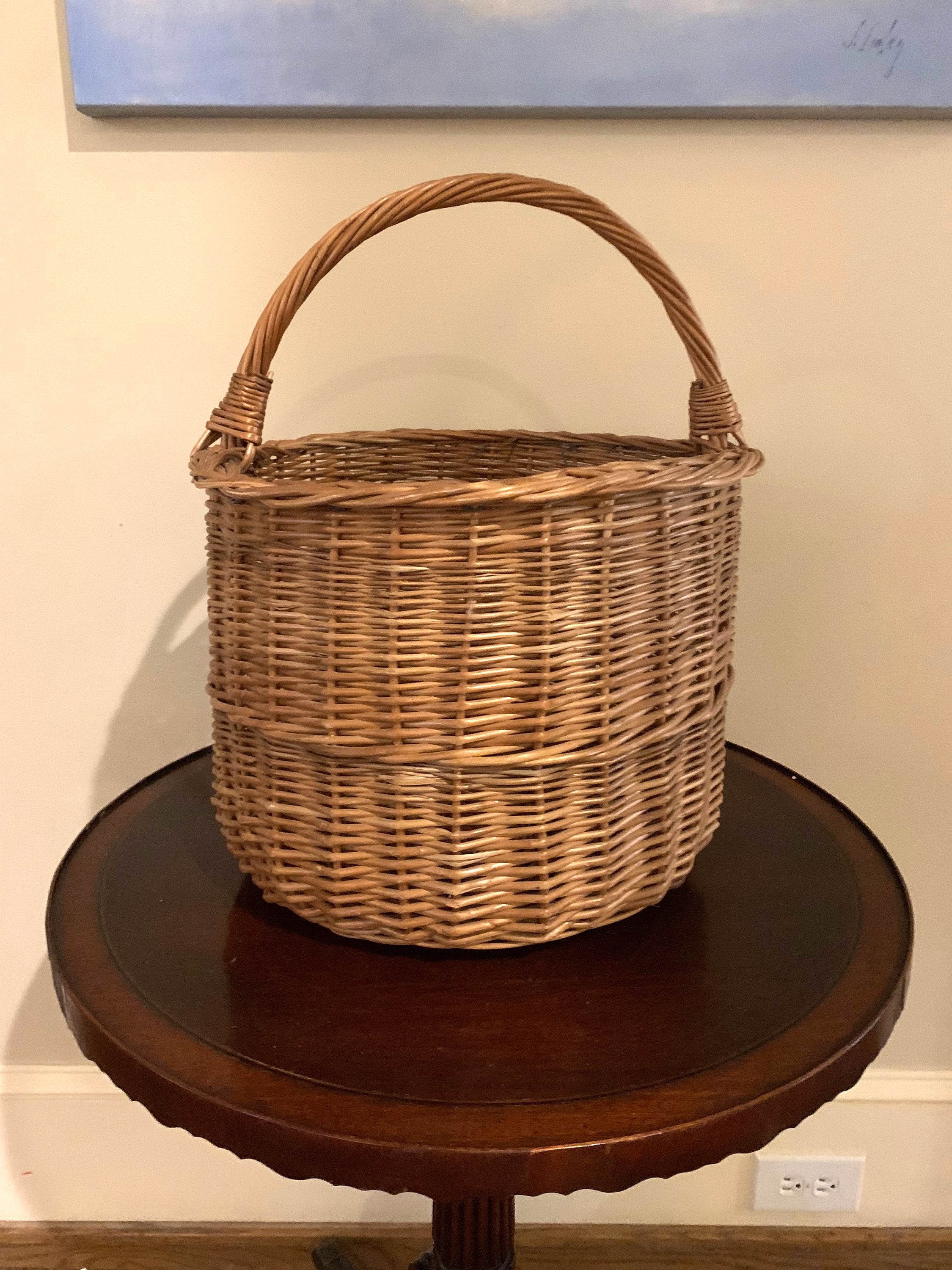 Woven Round Handled Basket, Large Wicker Gathering Basket, Magazine
