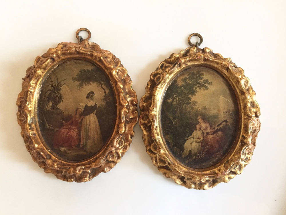 Miniature Oval Prints, Set of 2 Vintage Framed Oval Prints, Gold Framed