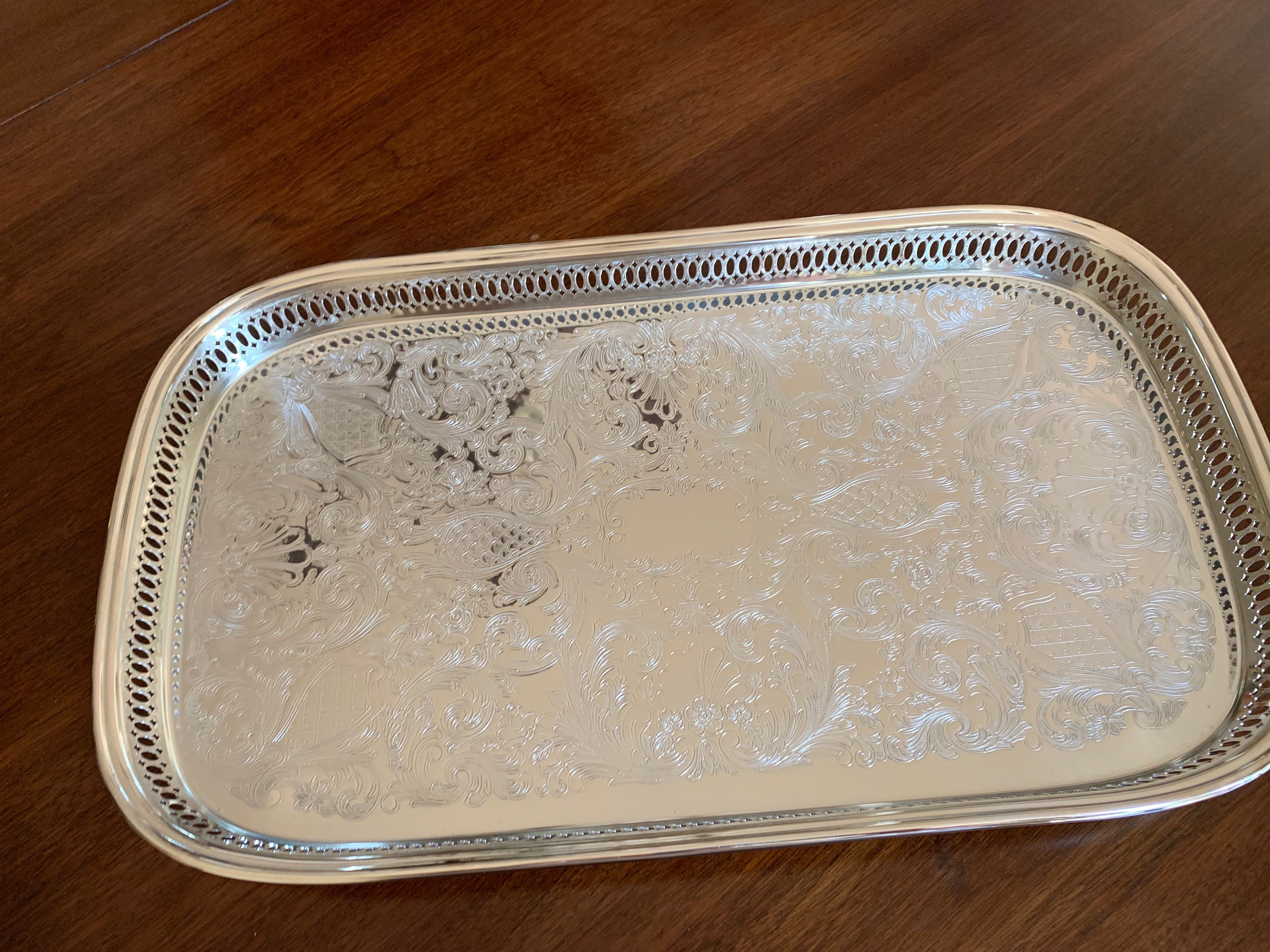 Large Silver Gallery Tray, Rectangular Shaped Footed Serving Tray