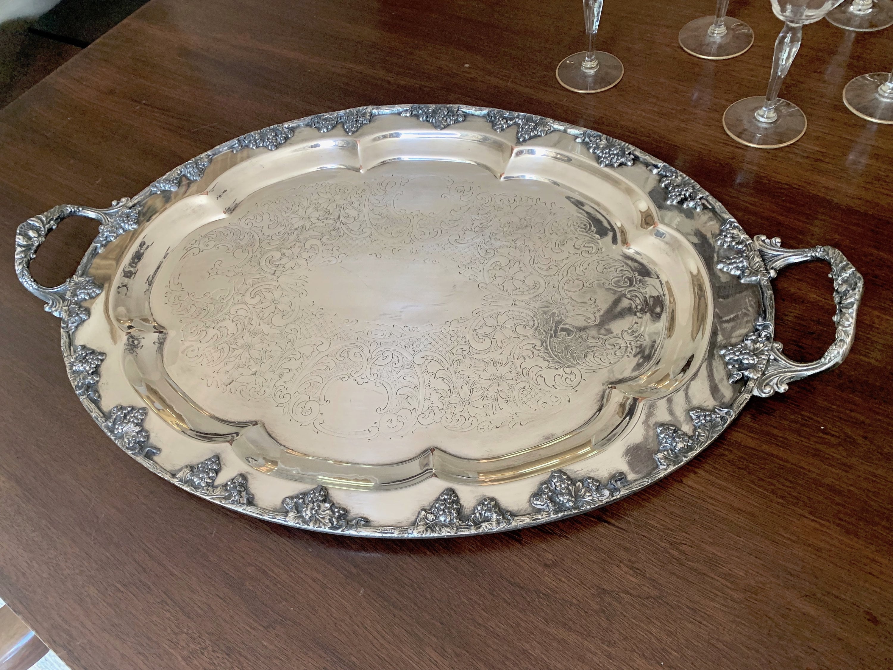 Oval Silver Tray with Handles, Vintage Silver over Copper Oval Serving