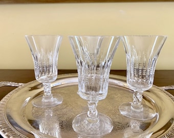 Tiffin Franciscan Crystal Cordials, Set of 3 Cut Crystal Brighton Juice Glasses by Tiffin Franciscan, Mid Century Crystal Cordial Liqueur