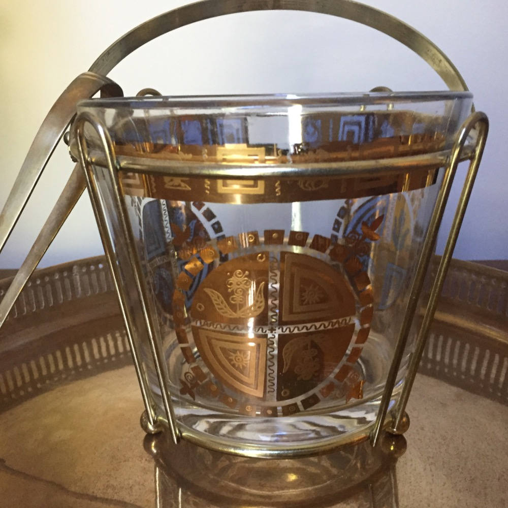 Mid Century Ice Bucket with Tongs, Gold Rim and Design ...
