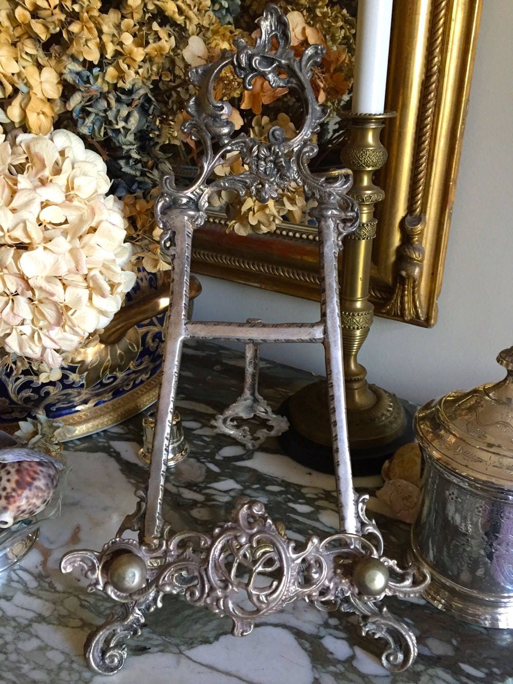 Ornate Art Nouveau Style Easel, 18 Inch Table Top Easel, Ornate Metal
