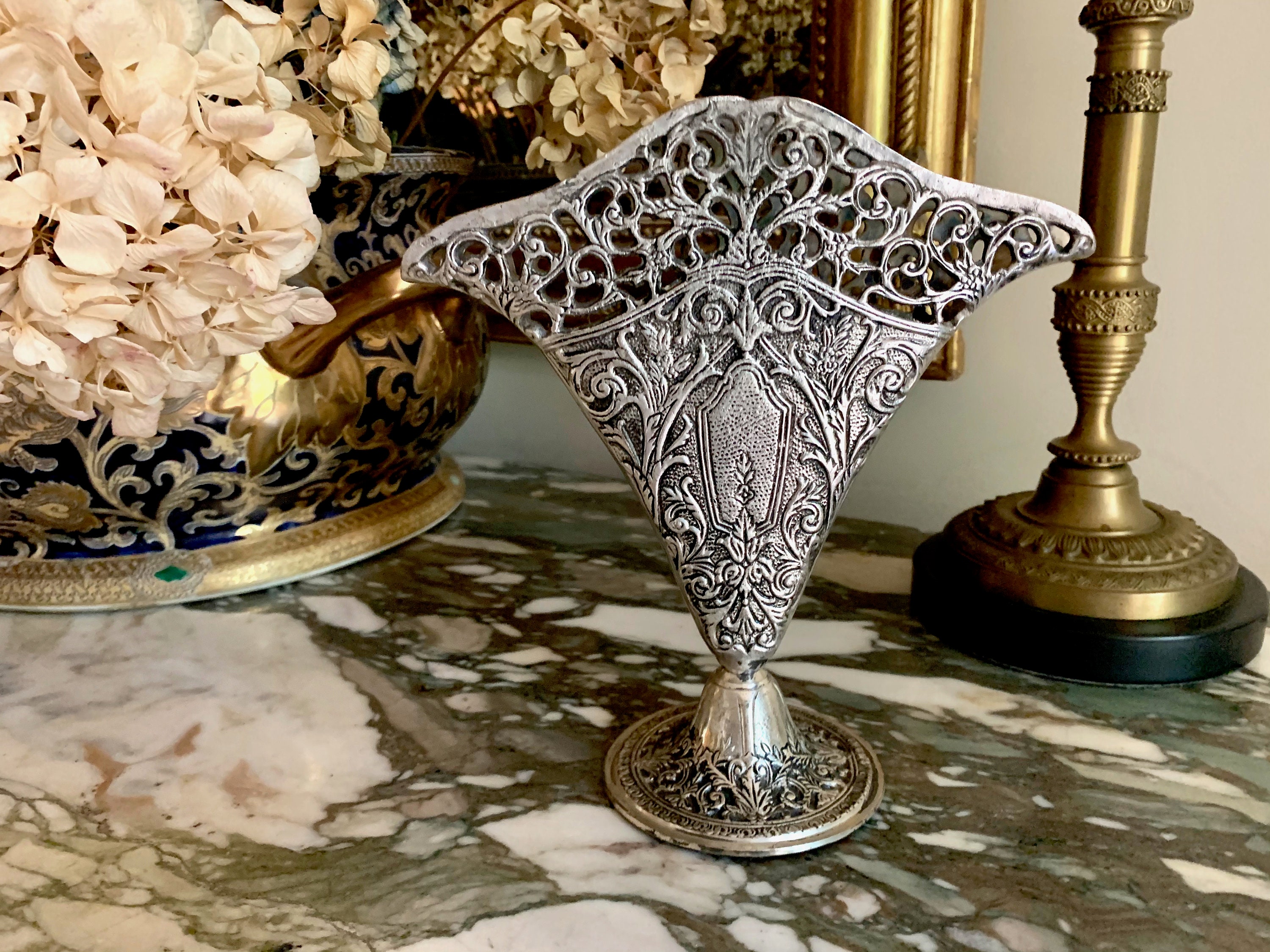 Victorian Style Fan Vase, Vintage Silver Plate Decorative Fan Posey
