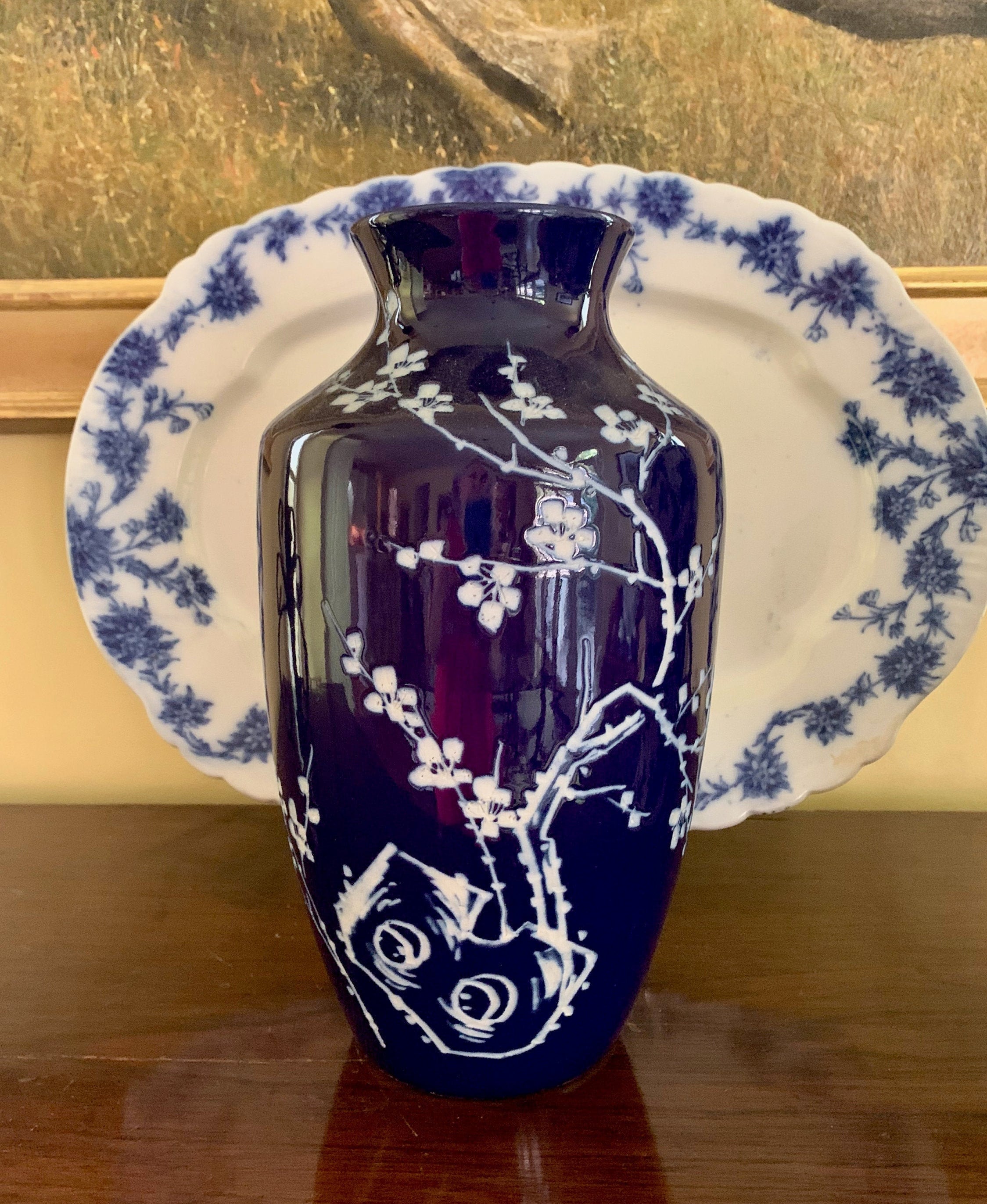 Asian Cobalt Blue Vase, Japanese Cherry Blossom Intaglio Design
