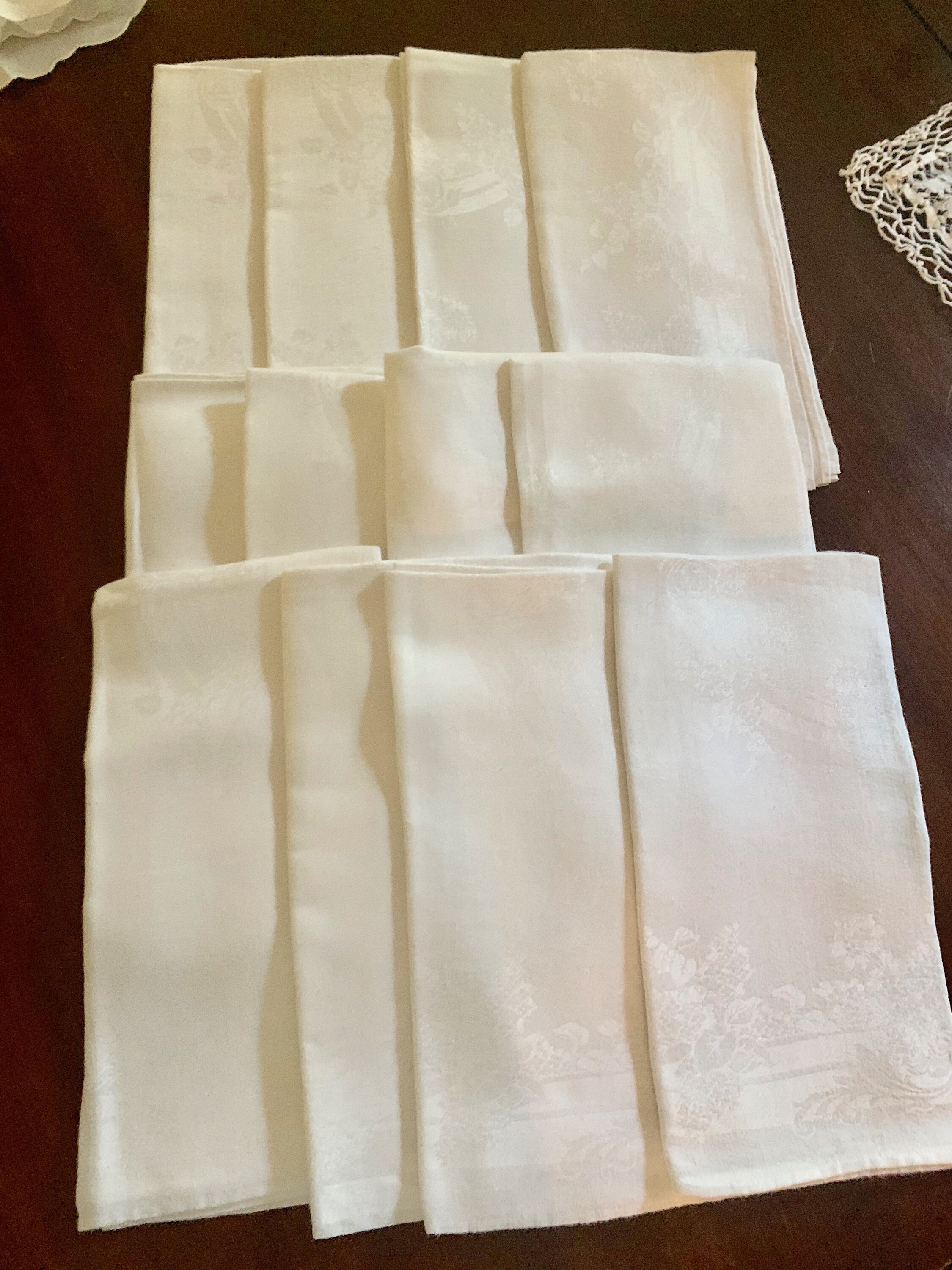 12 Linen Damask Napkins, Ex Large Banquet Cream Damask Napkins, 22 Inch