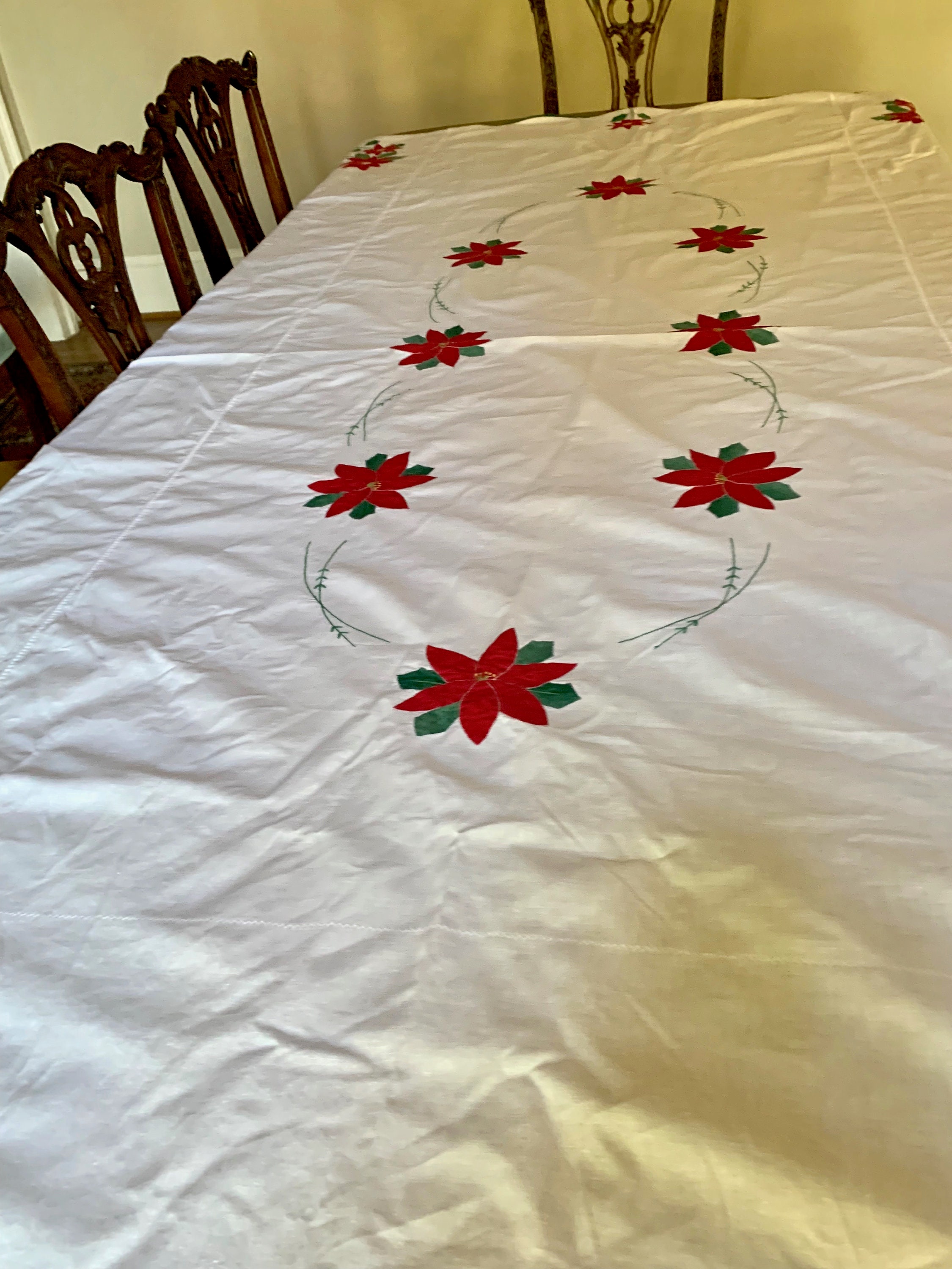 Christmas Tablecloth and Napkins, Poinsettia Applique Holiday