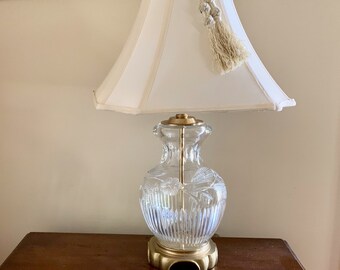 Cut Crystal Signed Lamp, Elegant Crystal Brass Lamp with Brass Chinoiserie Style Base, Cream Silk Shade, Floral Cut Design,