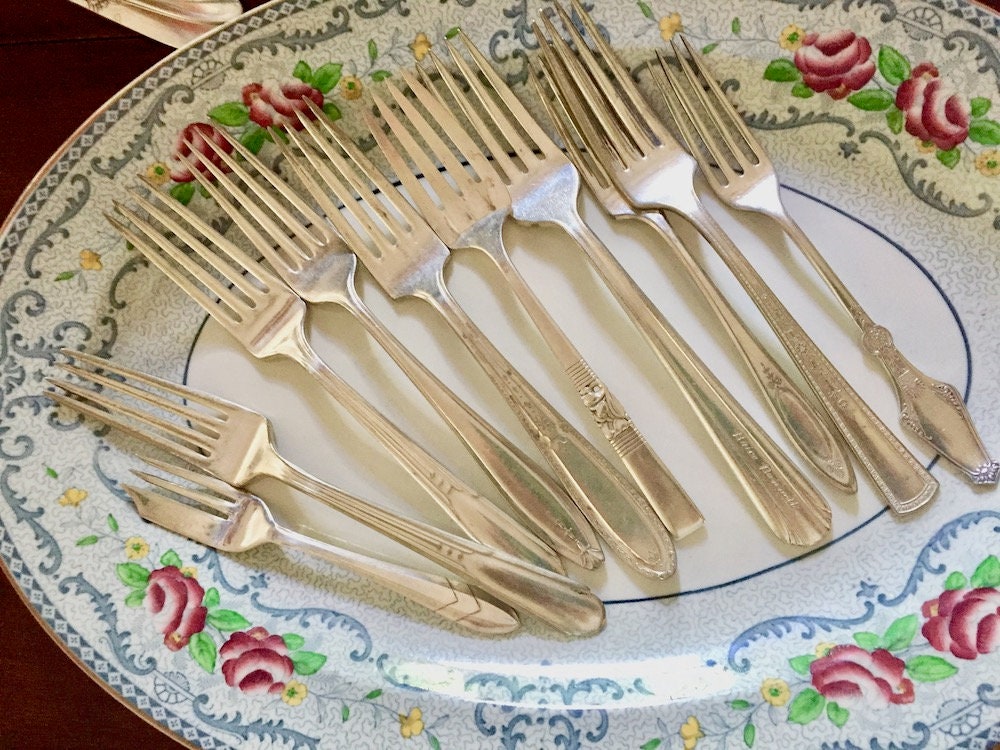 10 Vintage Silver Plate Forks, Mix Match Forks, Craft Supplies, Dinner
