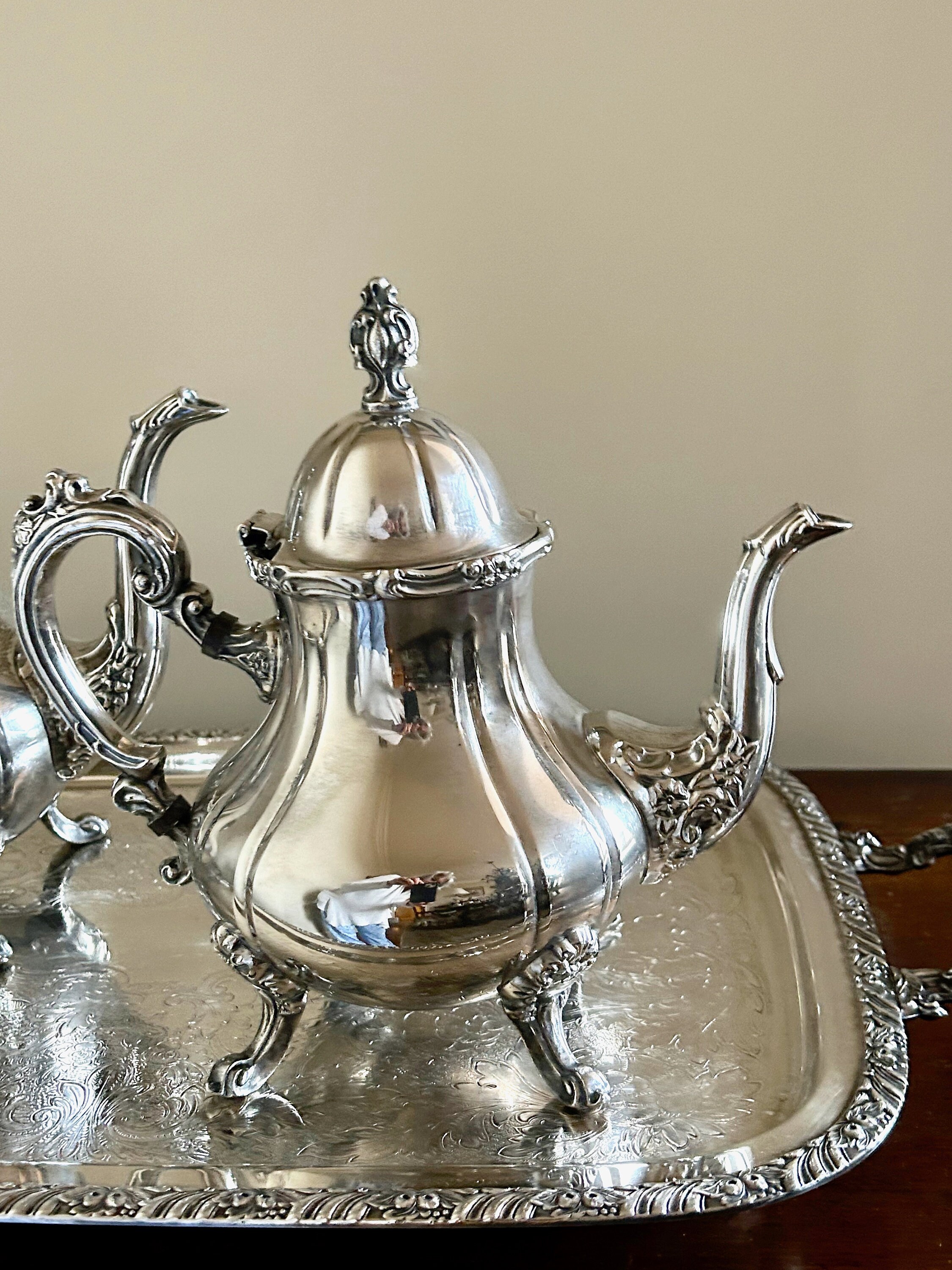 Silver Plate Tea Service Set, Four Piece Silver Service Coffee and Tea