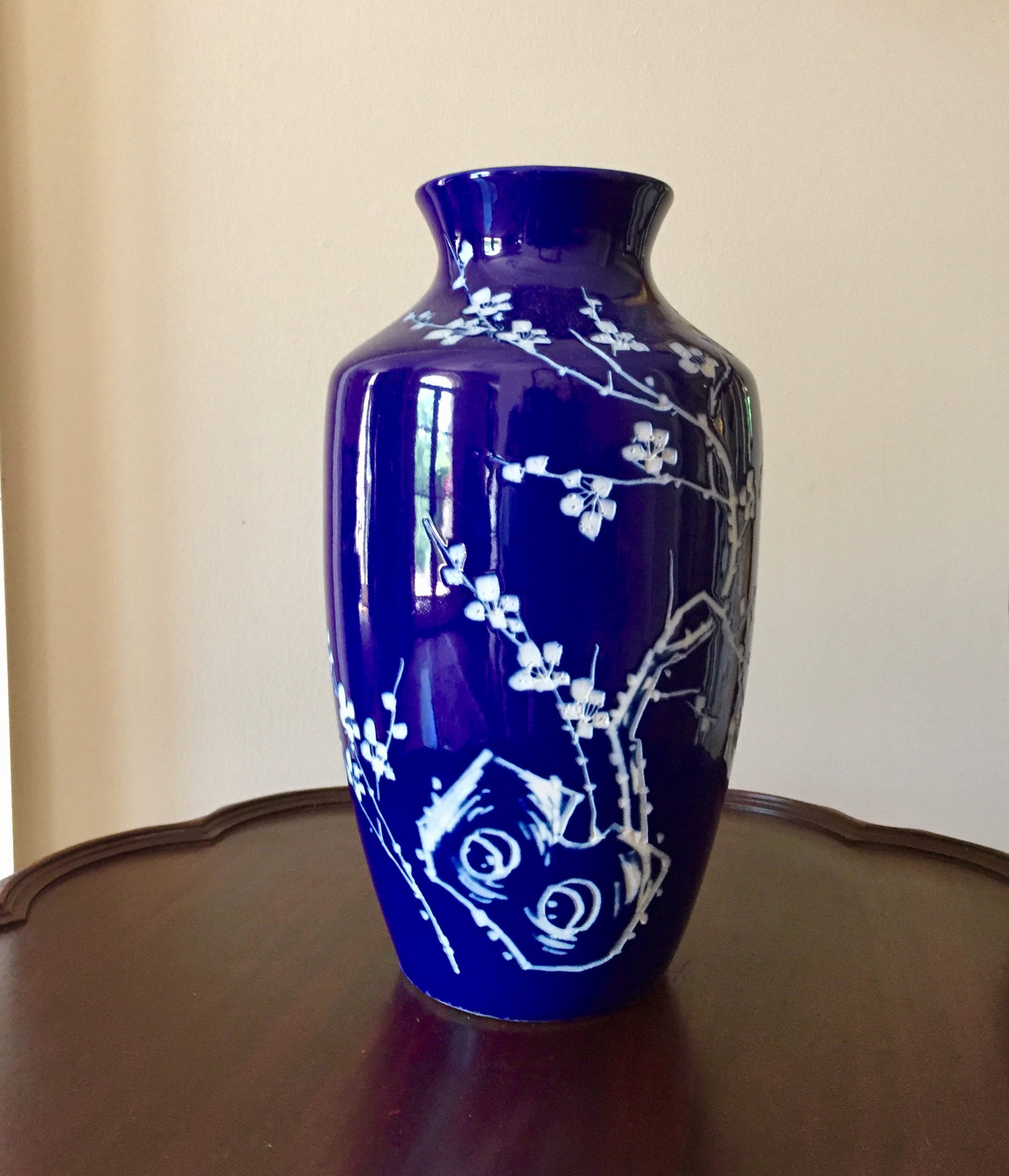 Asian Cobalt Blue Vase, Japanese Cherry Blossom Intaglio