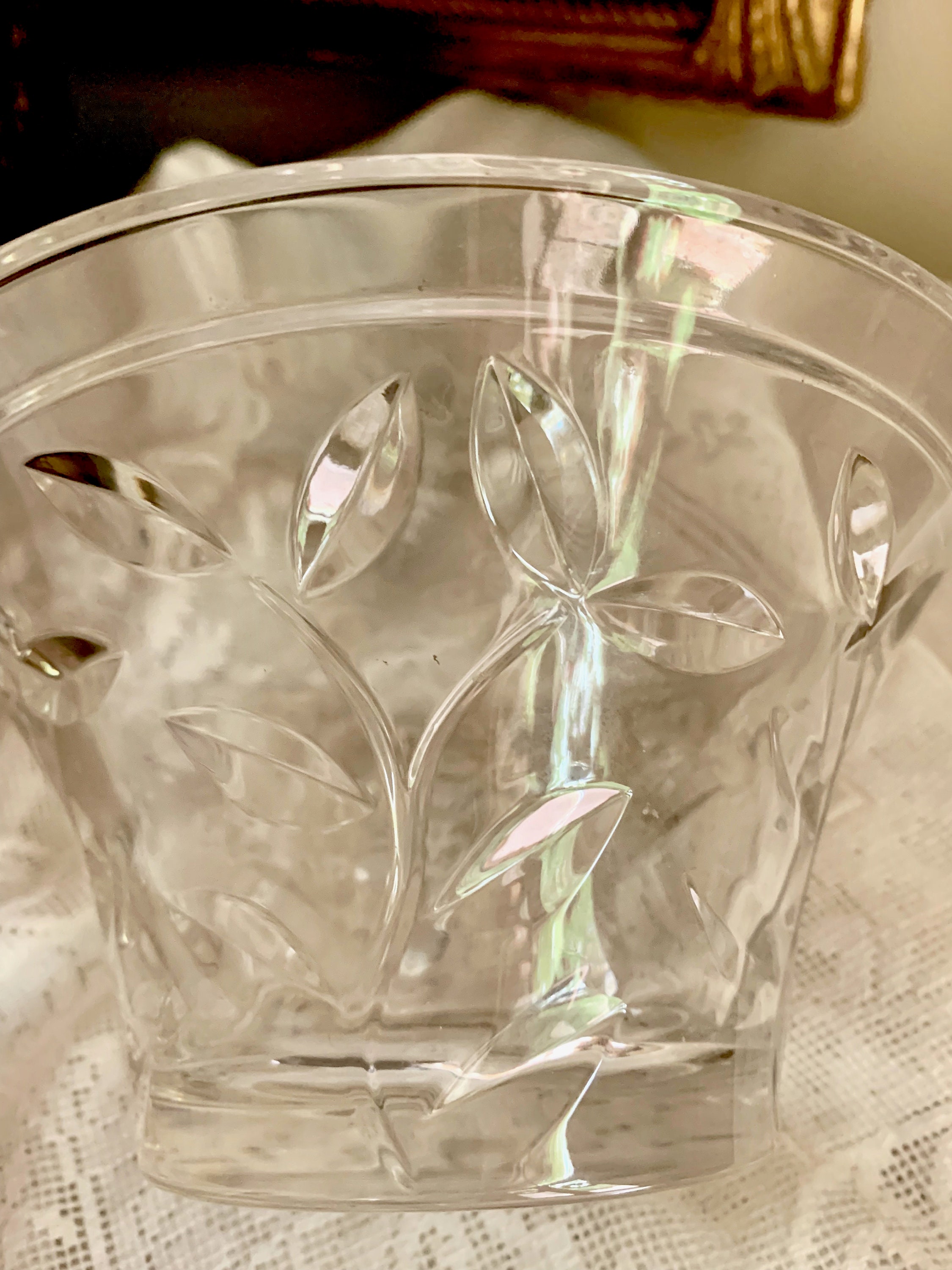 Lead Crystal Bowl with Lid, Flared Bowl with Cut Leaf Pattern with