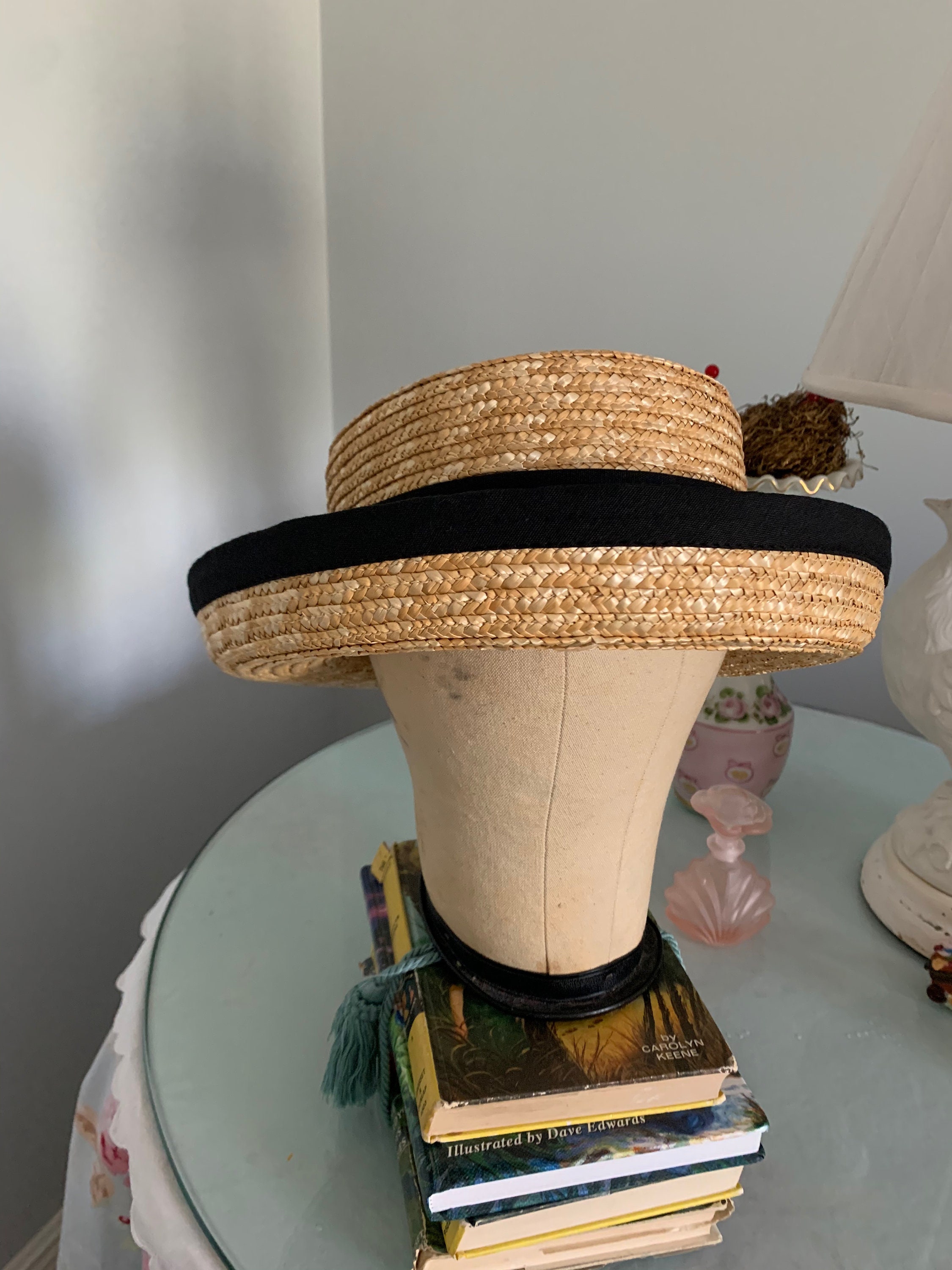 Charming Straw Hat with Black Ribbon Vintage Ladies Straw Boater