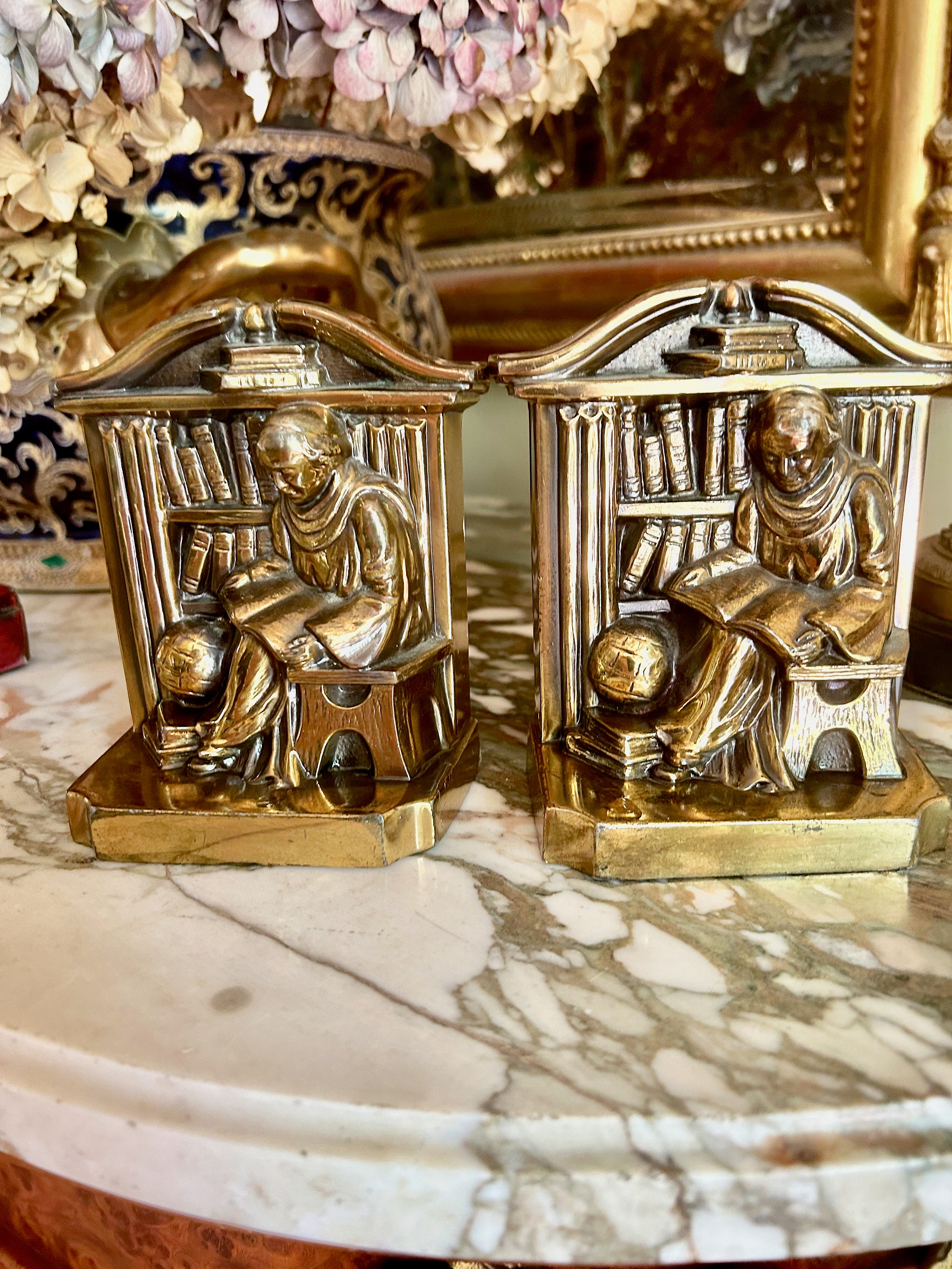 Vintage Brass Shell Bookends with Beige Details