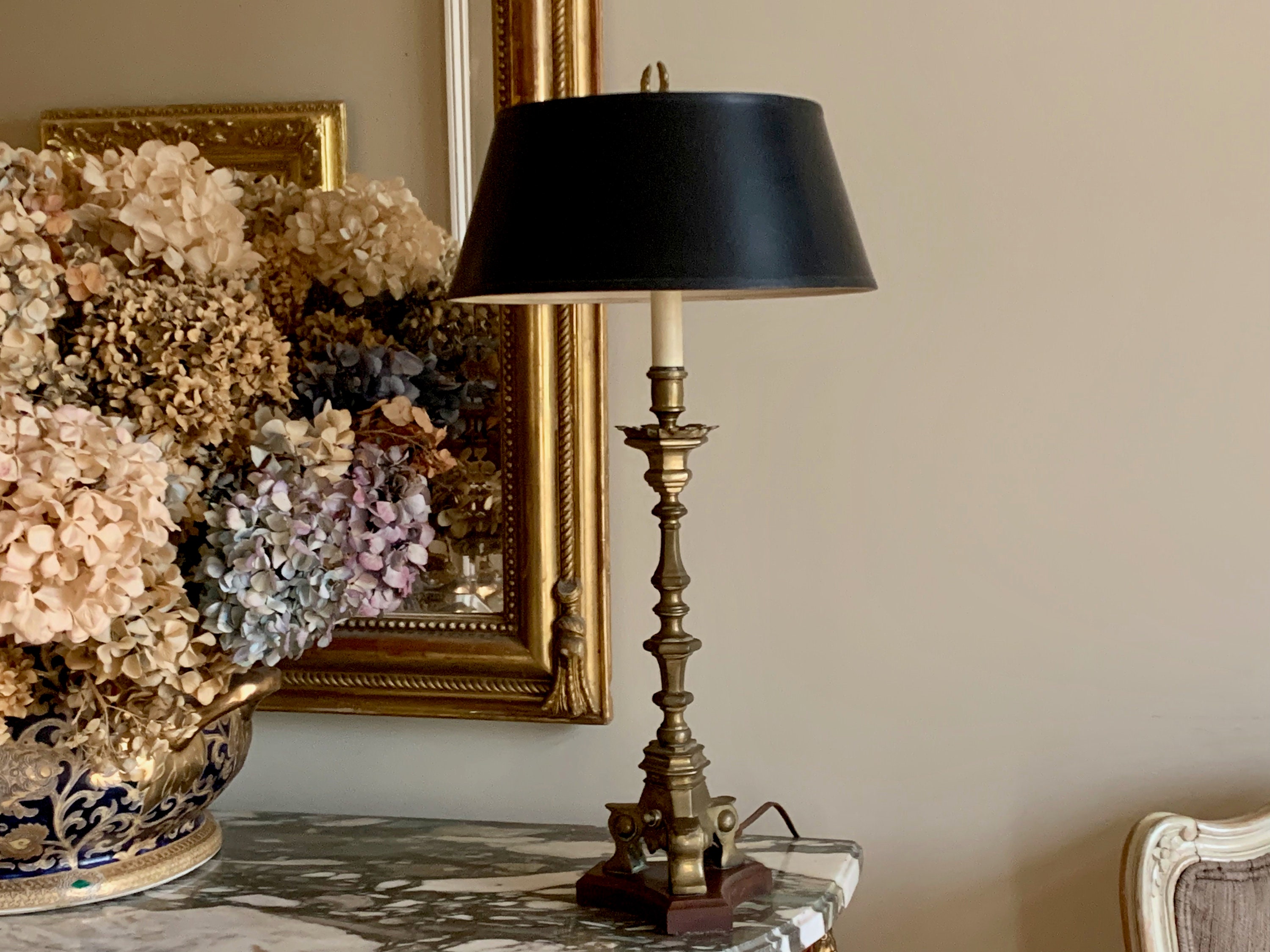 Brass Wood Candlestick Lamp, Vintage Old English Brass Candlestick Lamp