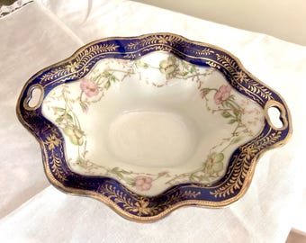 Nippon Footed Bowl, Nippon Morimura Hand Painted Footed Scalloped Bowl, Cobalt Blue with Gold, Collectible Nippon Porcelain