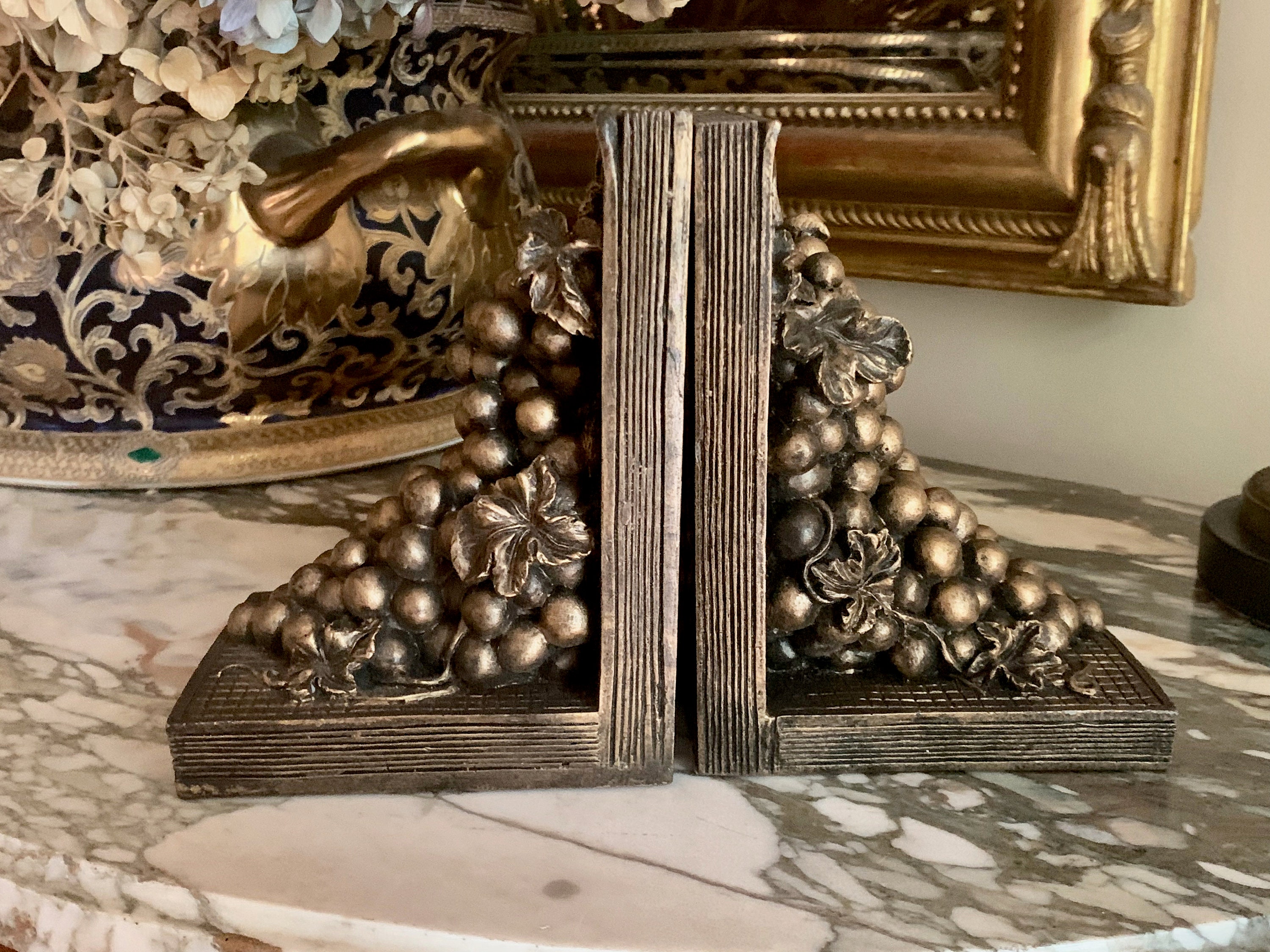 Pair Plaster Bookends, Vintage Bookends Shaped as Books with Grapes