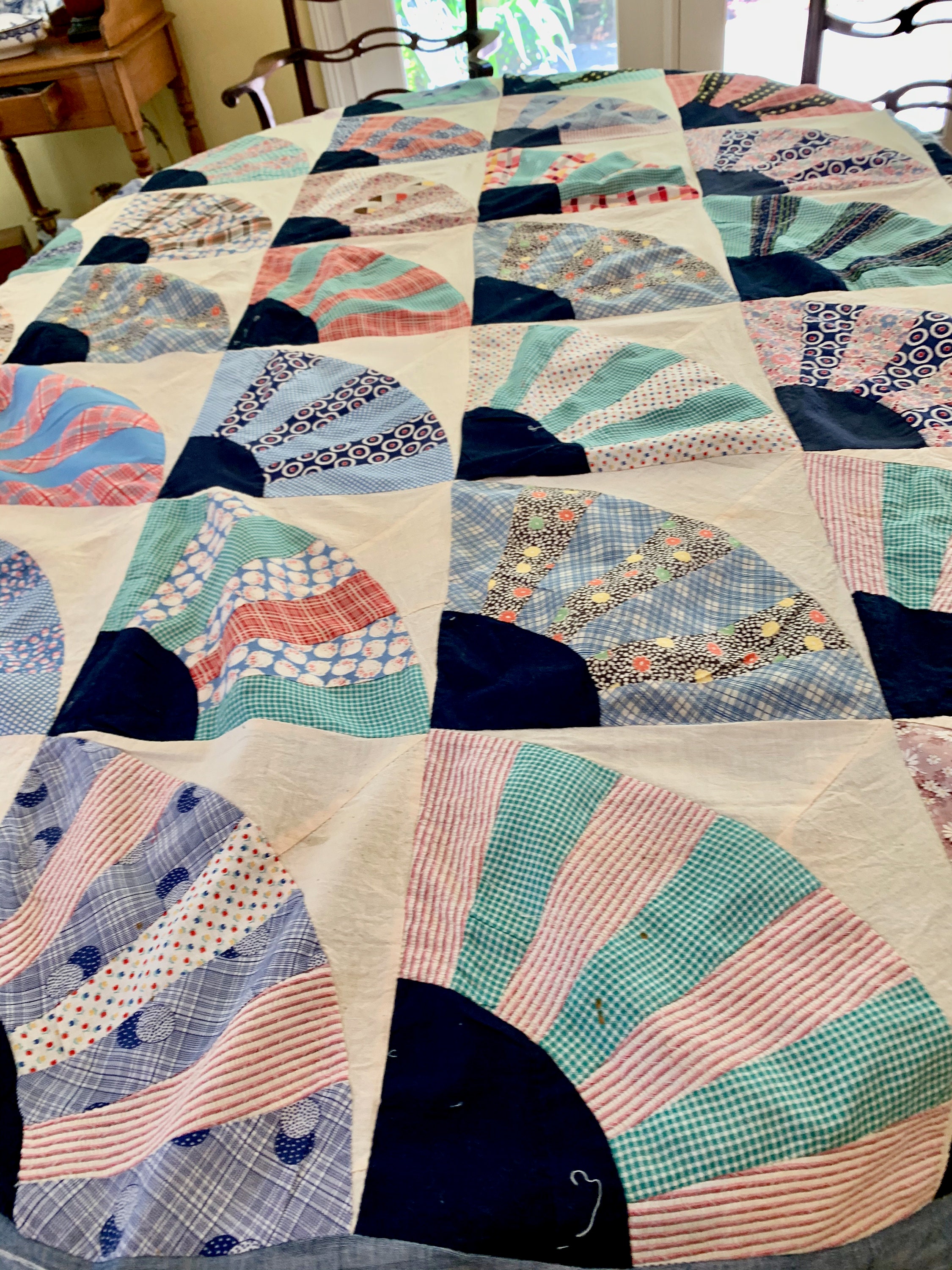 Vintage Fan Quilt Top, Feed Sack Material, Handmade Southern Fan