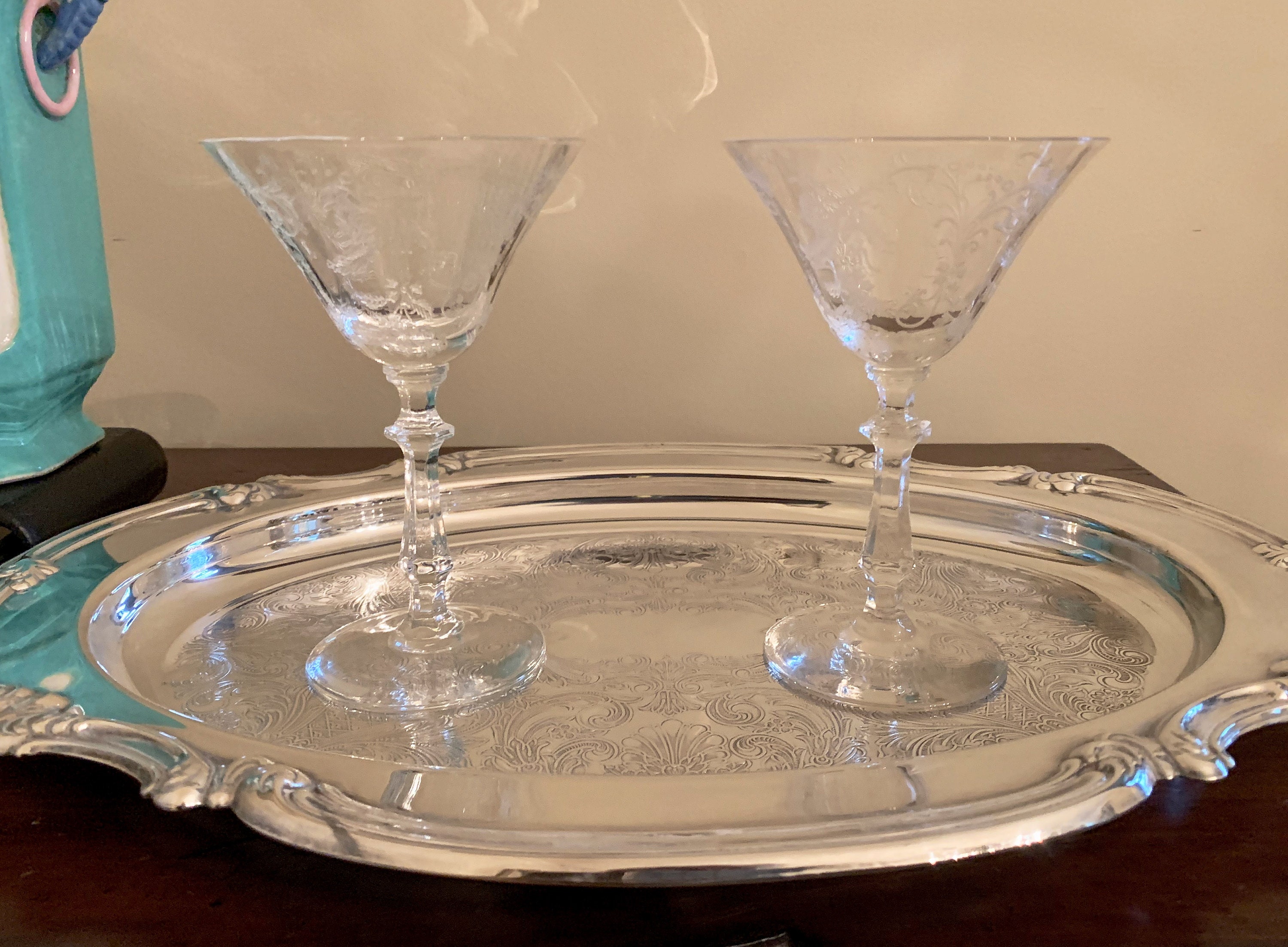 Pair Champagne Martini Glasses, Etched Mid Century Crystal Champagne Flared Coupes, Martini