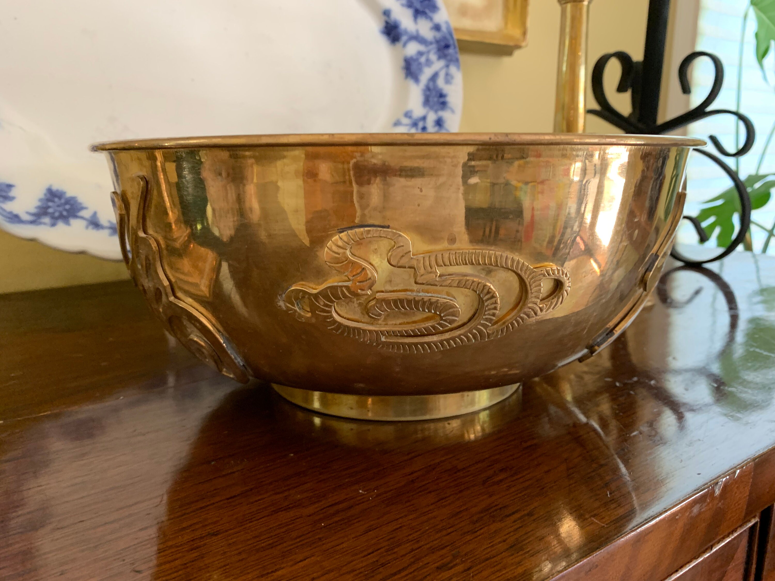 Large Brass Bowl, Asian Chinoiserie Bowl, Brass Centerpiece Bowl