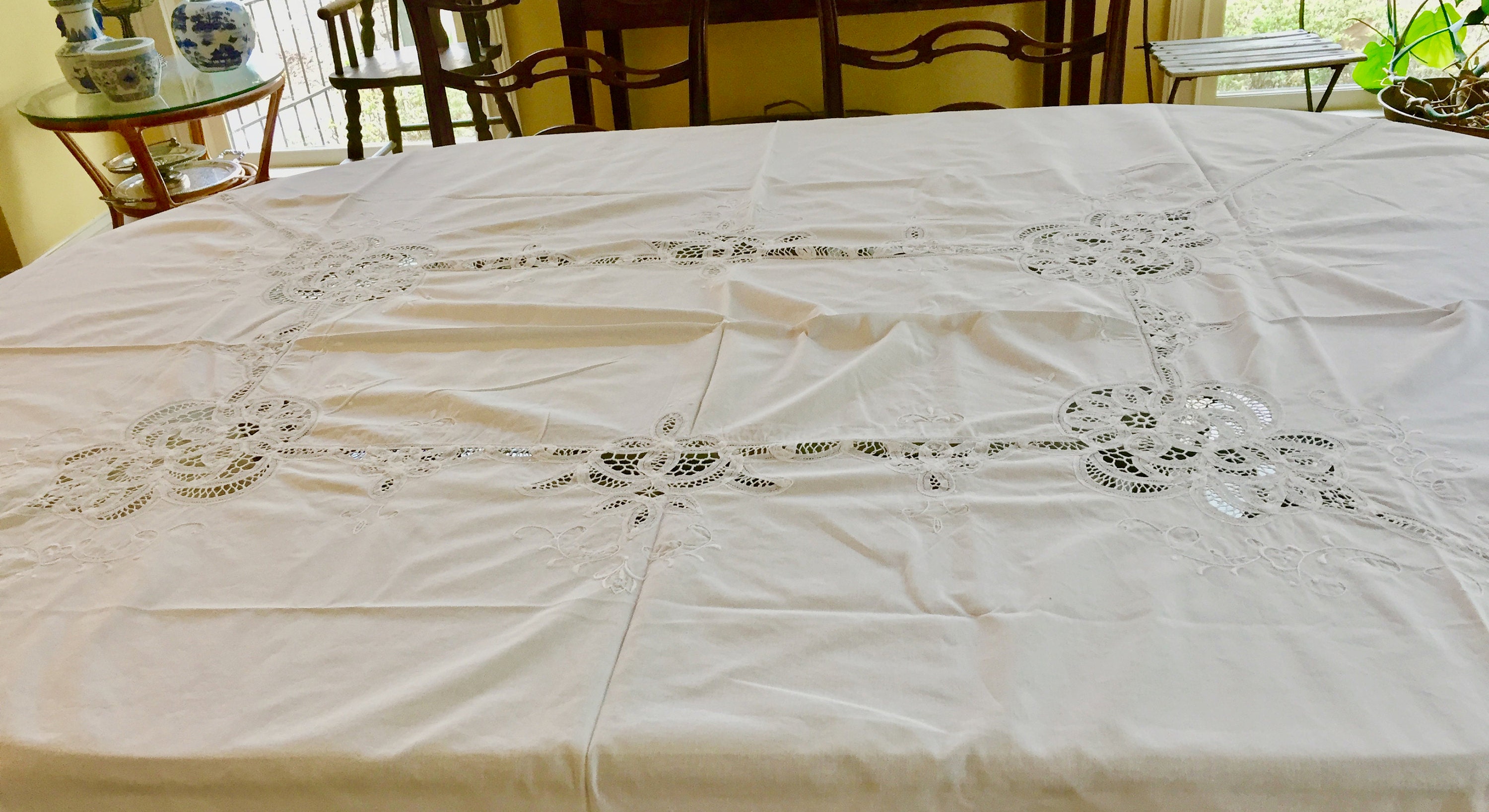 Battenburg Tablecloth, Vintage White Rectangular Embroidered Tablecloth